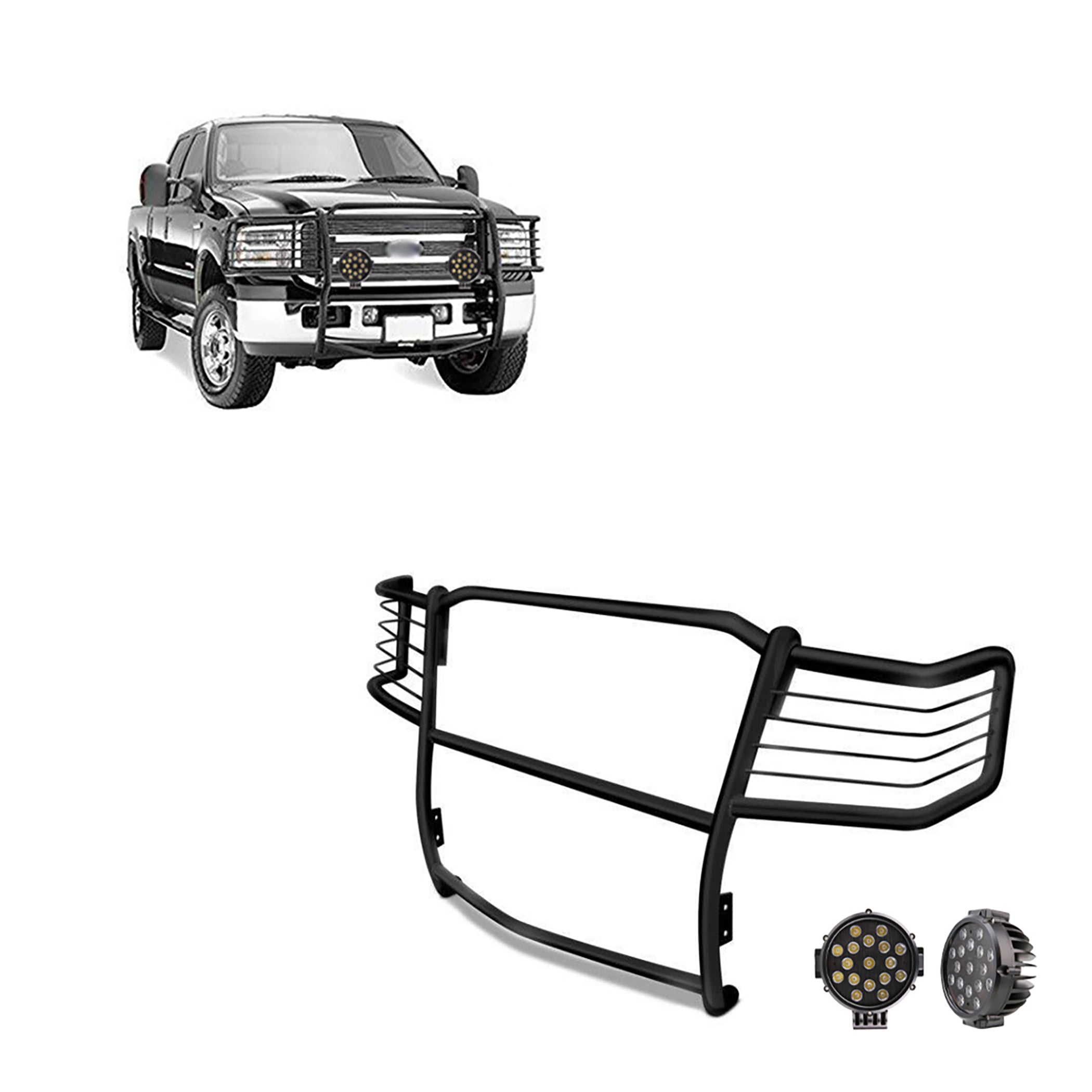 1999-2007 Ford F-250 Super Duty Grille Guard Kit Modular Incl. pair of 7.0"Dia. LED Lights w/ Black Trim Rings w/ Wiring Harness and Switch | Black Horse Off Road - Image 1