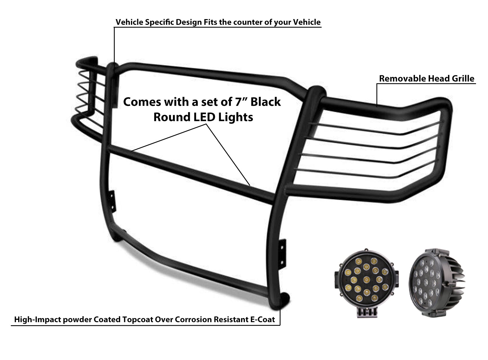 1999-2007 Ford F-250 Super Duty Grille Guard Kit Modular Incl. pair of 7.0"Dia. LED Lights w/ Black Trim Rings w/ Wiring Harness and Switch | Black Horse Off Road - Image 6
