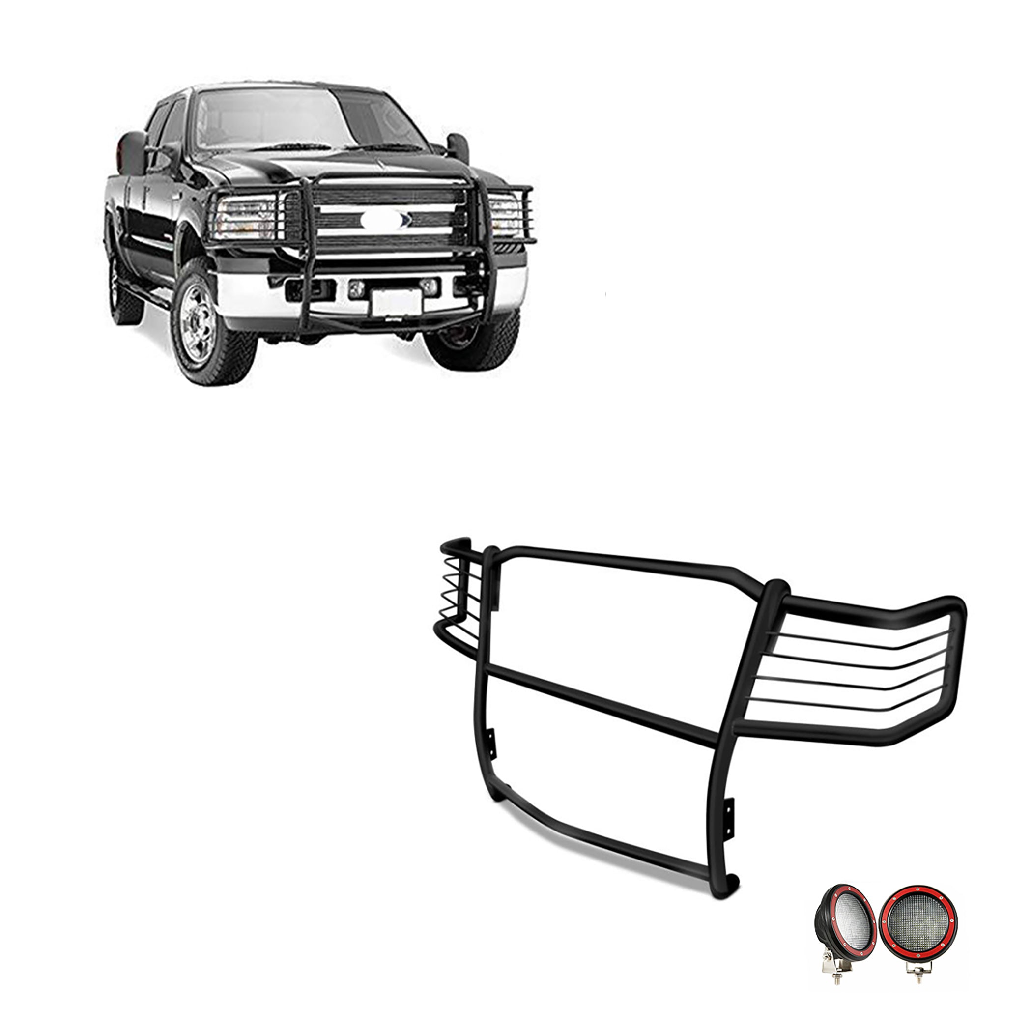 1999-2007 Ford F-250 Super Duty Grille Guard Kit Modular Pair of 5.3" Dia. LED Flood Lights w/ Red Trim Rings Wiring Harness and Switch | Black Horse Off Road - Image 1