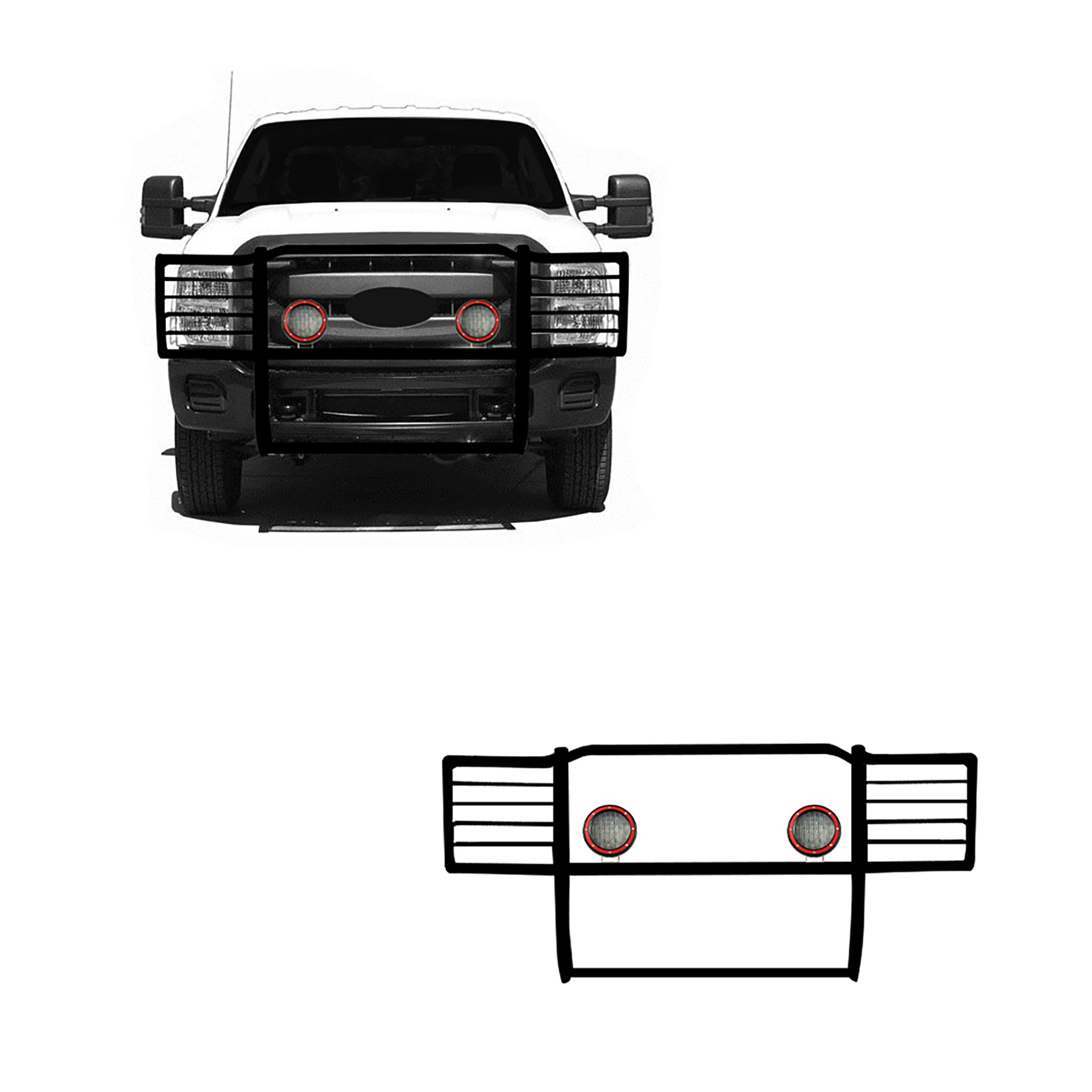 2011-2016 Ford F-250 Super Duty Grille Guard Kit Modular Pair of 5.3" Dia. LED Flood Lights w/ Red Trim Rings Wiring Harness and Switch | Black Horse Off Road - Image 1