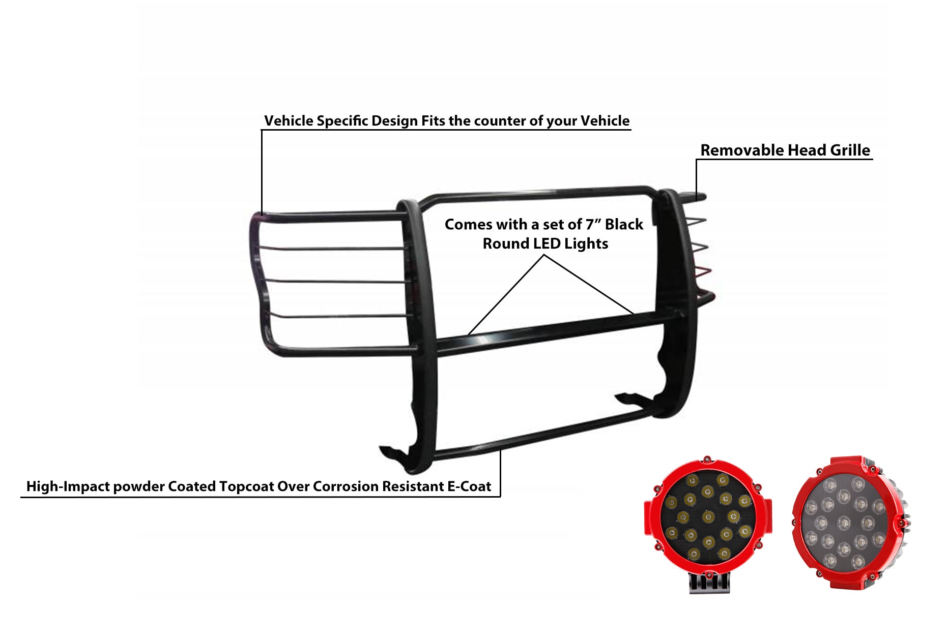 2017-2022 Ford F-250 Super Duty Grille Guard Kit Modular Incl. pair of 7.0"Dia. LED Lights w/Red Trim Rings w/ Wiring Harness and Switch | Black Horse Off Road - Image 10