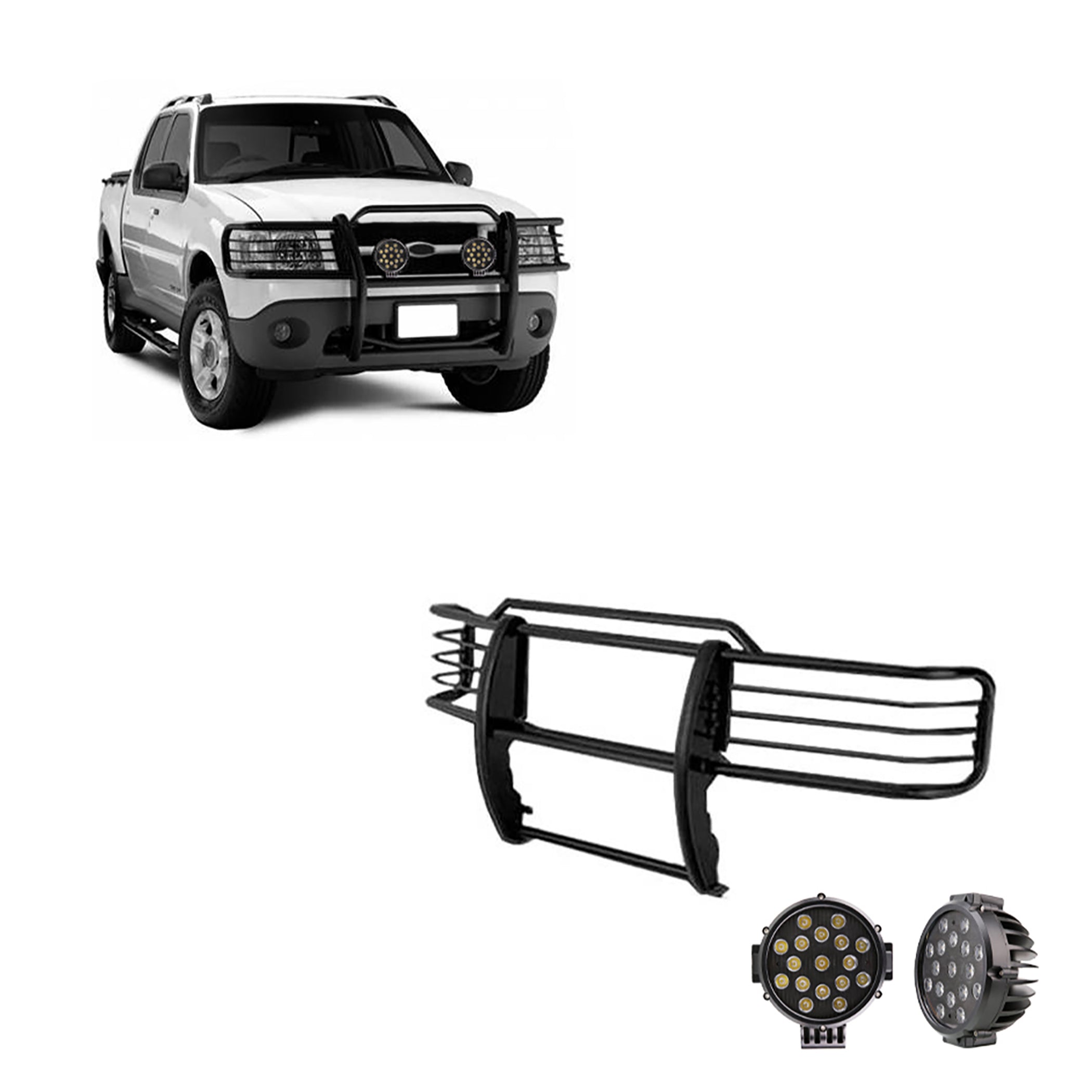 2001-2005 Ford Explorer Sport Grille Guard Kit Modular Incl. pair of 7.0"Dia. LED Lights w/ Black Trim Rings w/ Wiring Harness and Switch | Black Horse Off Road - Image 1