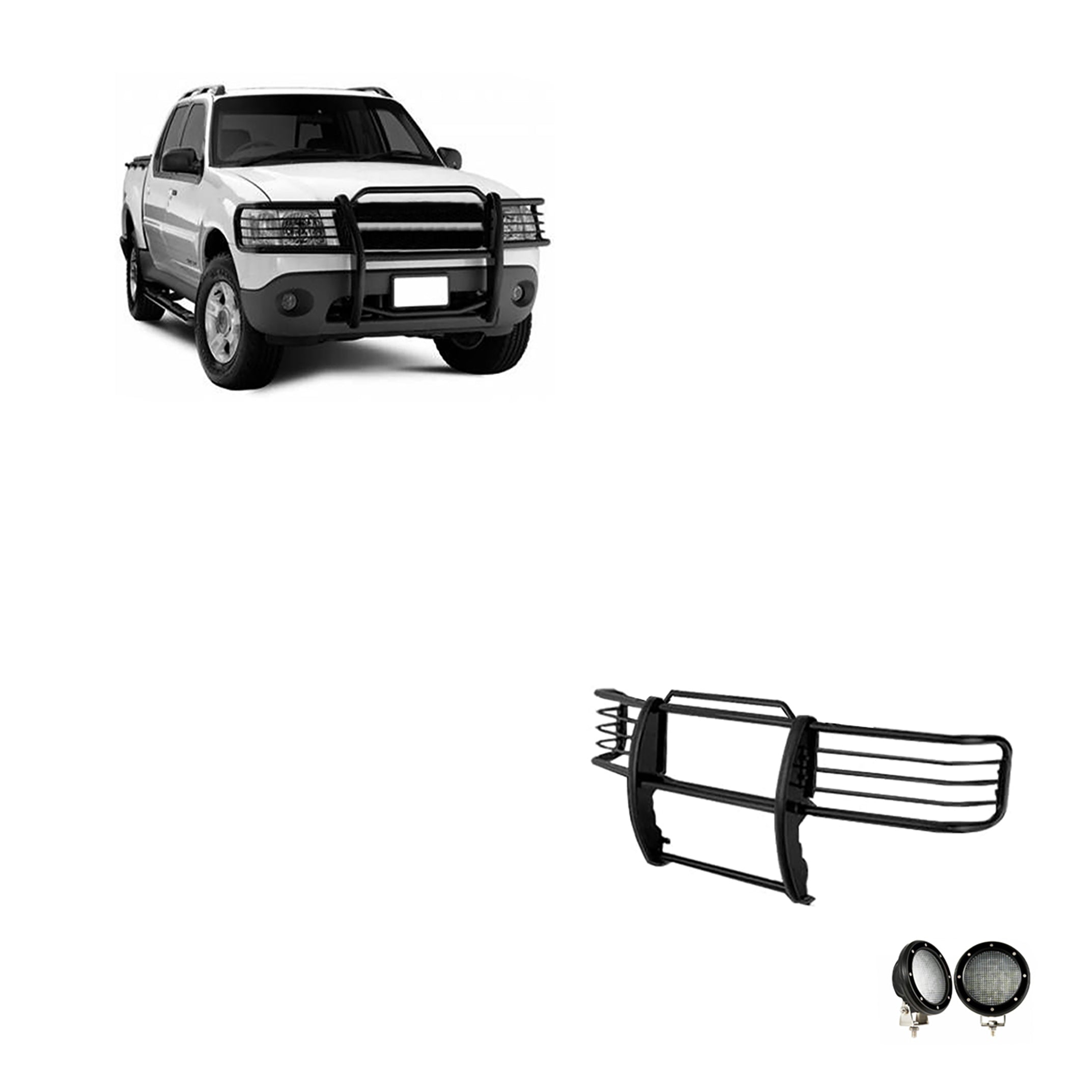 2001-2005 Ford Explorer Sport Grille Guard Kit Modular Pair of 5.3" Dia. LED Flood Lights w/ Black Trim Rings Wiring Harness and Switch | Black Horse Off Road - Image 1