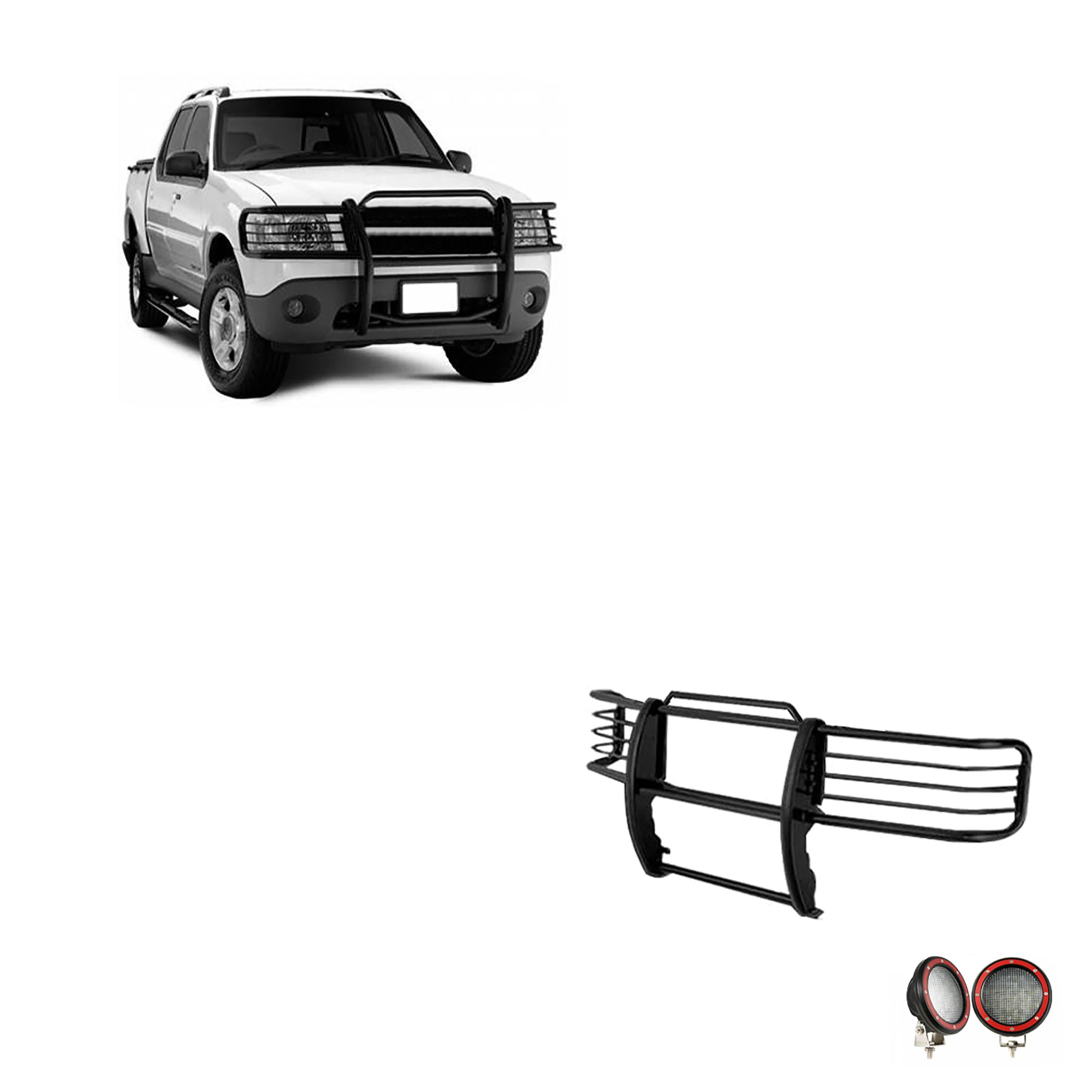 2001-2005 Ford Explorer Sport Grille Guard Kit Modular Pair of 5.3" Dia. LED Flood Lights w/ Red Trim Rings Wiring Harness and Switch | Black Horse Off Road - Image 1