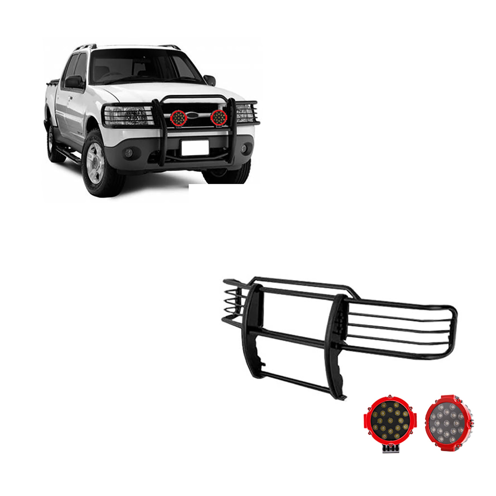 2001-2005 Ford Explorer Sport Grille Guard Kit Modular Incl. pair of 7.0"Dia. LED Lights w/Red Trim Rings w/ Wiring Harness and Switch | Black Horse Off Road - Image 1
