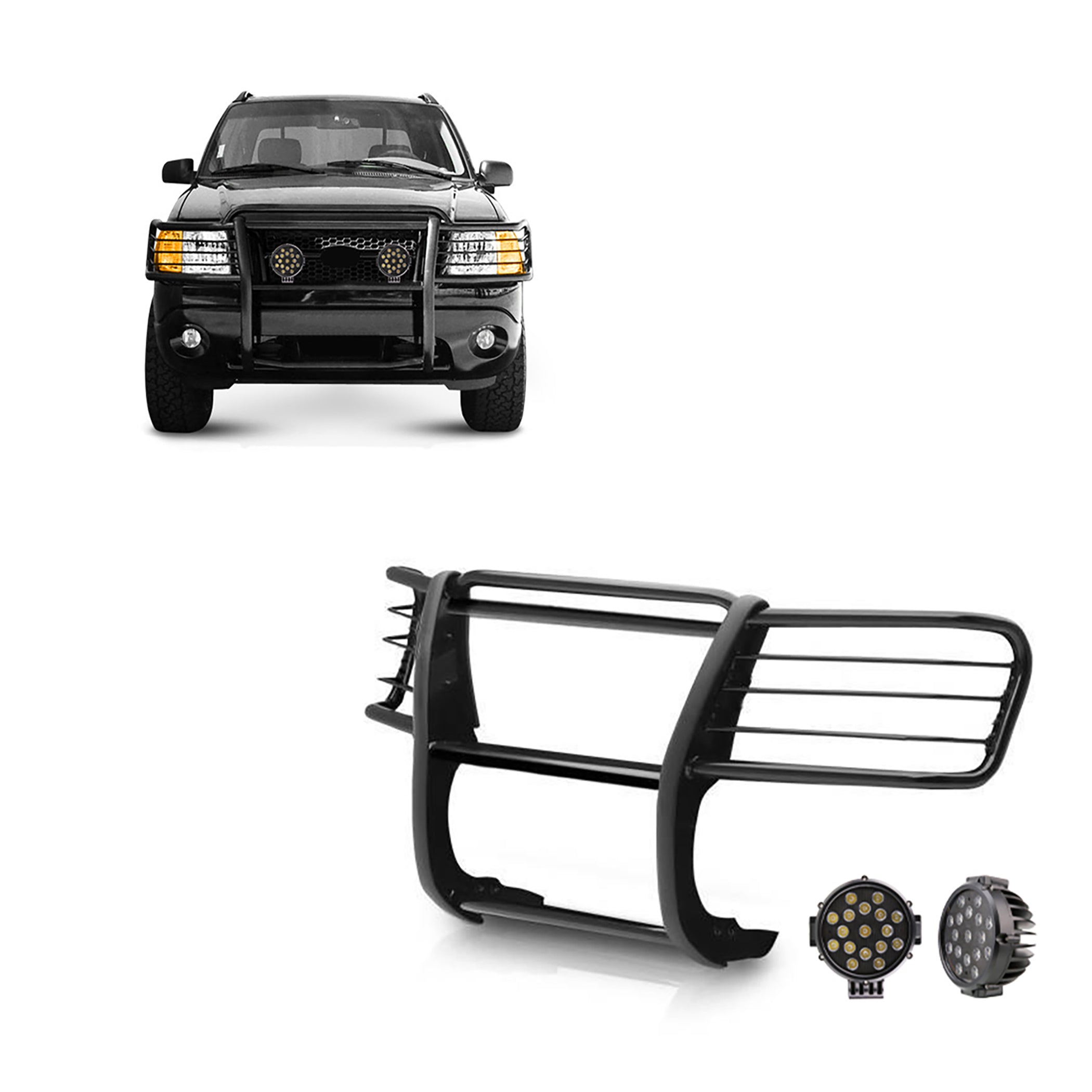 2002-2005 Ford Explorer Grille Guard Kit Modular Incl. pair of 7.0"Dia. LED Lights w/ Black Trim Rings w/ Wiring Harness and Switch | Black Horse Off Road - Image 1