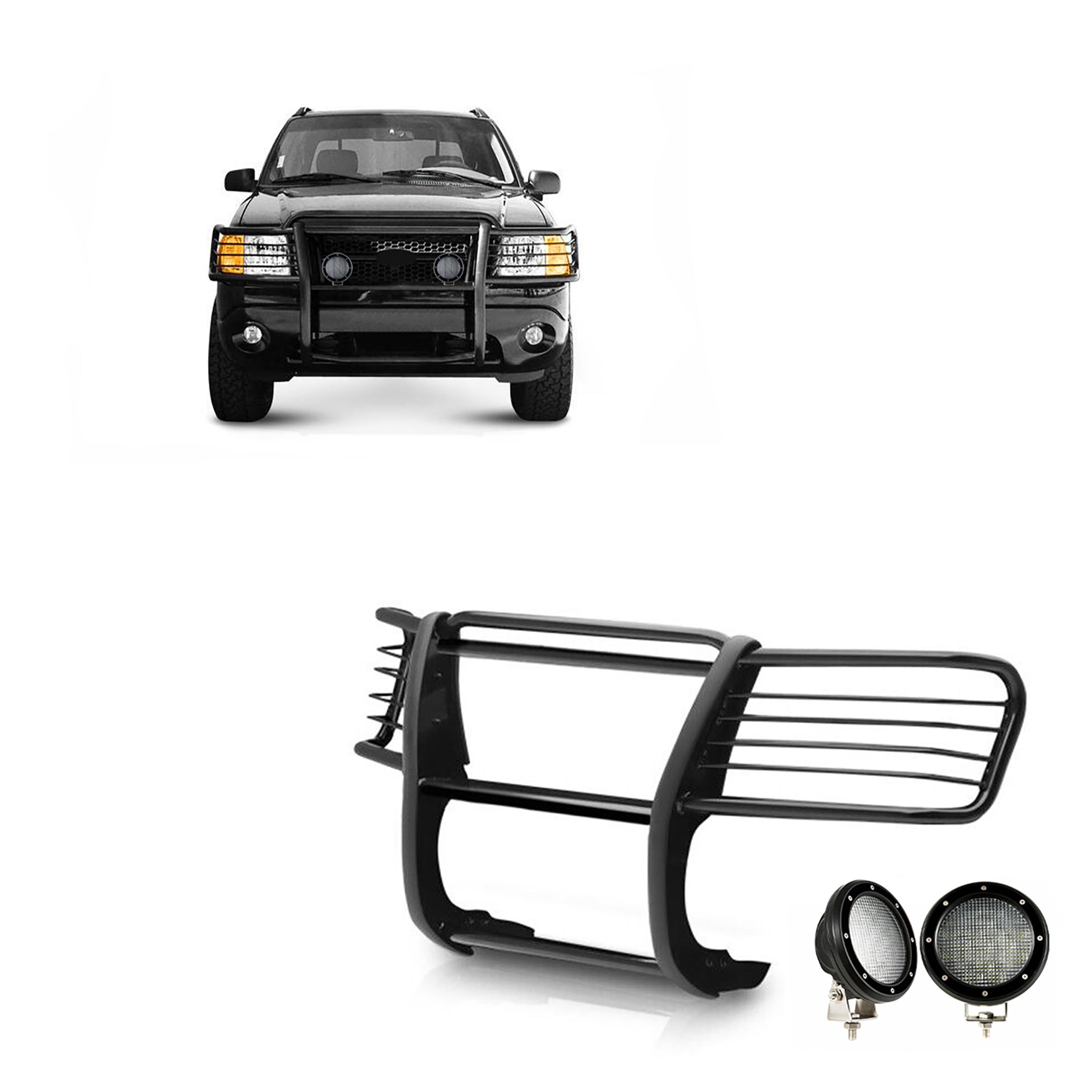 2002-2005 Ford Explorer Grille Guard Kit Modular Pair of 5.3" Dia. LED Flood Lights w/ Black Trim Rings Wiring Harness and Switch | Black Horse Off Road - Image 1