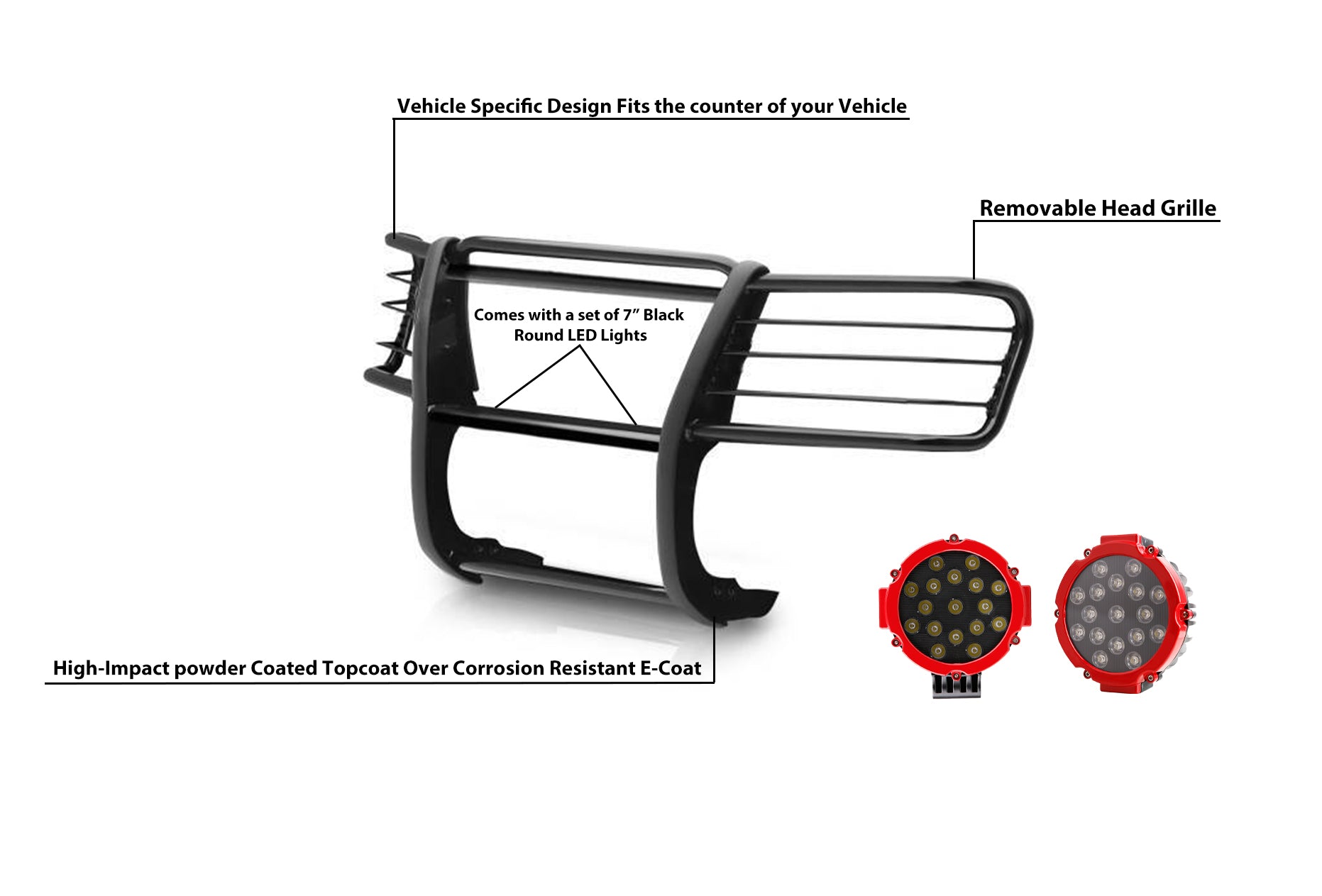 2002-2005 Ford Explorer Grille Guard Kit Modular Incl. pair of 7.0"Dia. LED Lights w/Red Trim Rings w/ Wiring Harness and Switch | Black Horse Off Road - Image 10