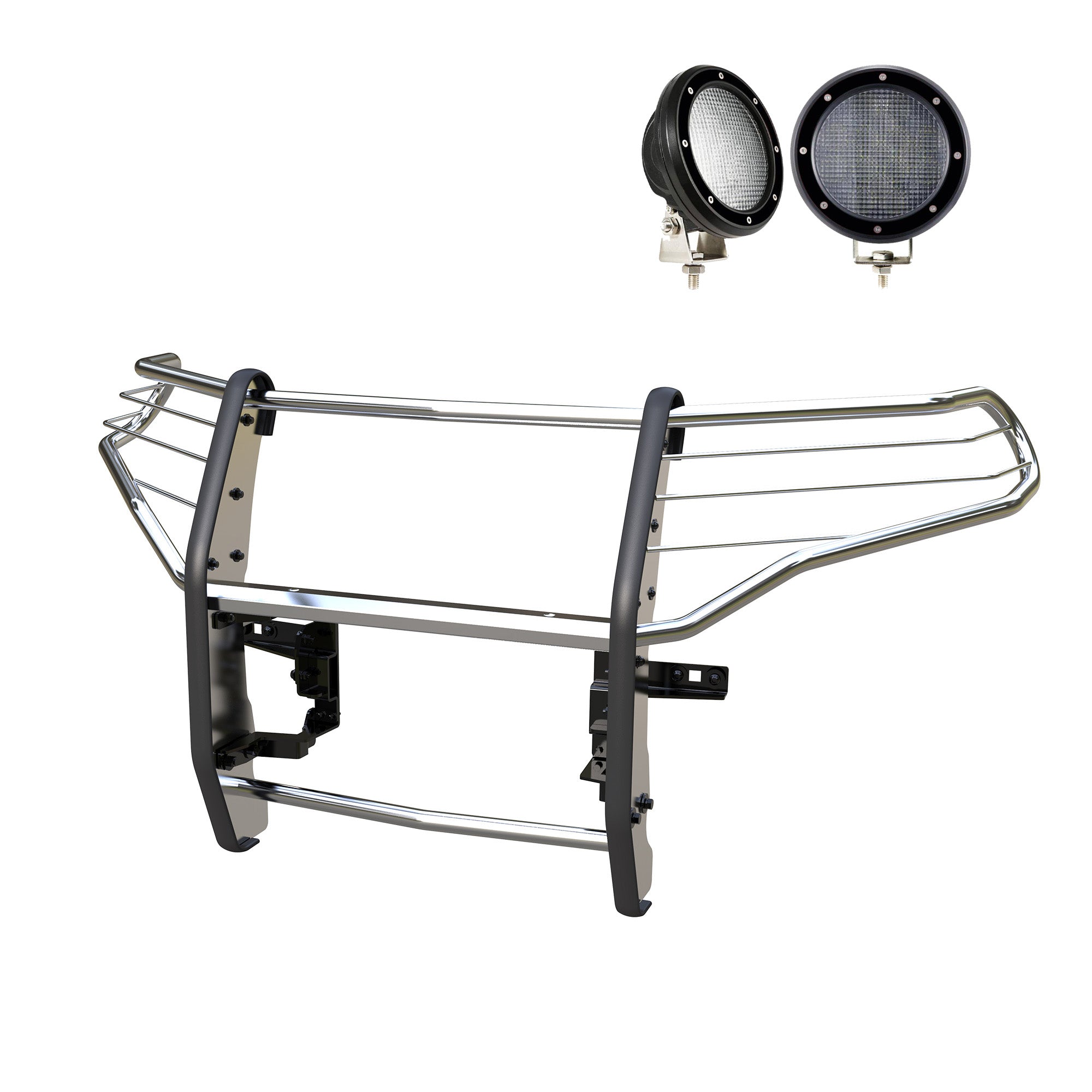 2020-2024 Ford Explorer Grille Guard Kit Modular Pair of 5.3" Dia. LED Flood Lights w/ Black Trim Rings Wiring Harness and Switch | Black Horse Off Road - Image 1