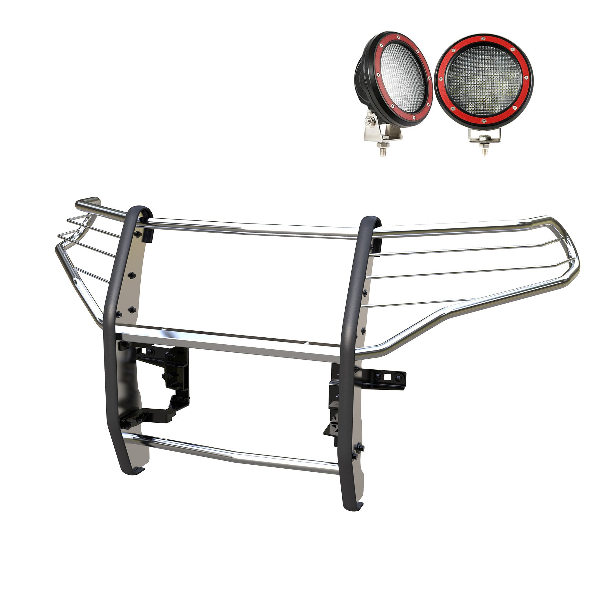 2020-2024 Ford Explorer Grille Guard Kit Modular Pair of 5.3" Dia. LED Flood Lights w/ Red Trim Rings Wiring Harness and Switch | Black Horse Off Road - Image 1