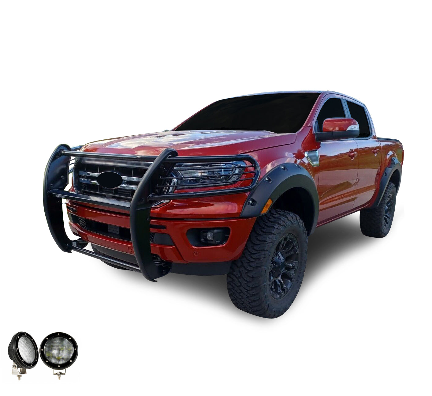 2019-2023 Ford Ranger Grille Guard Kit Modular Pair of 5.3" Dia. LED Flood Lights w/ Black Trim Rings Wiring Harness and Switch | Black Horse Off Road - Image 8