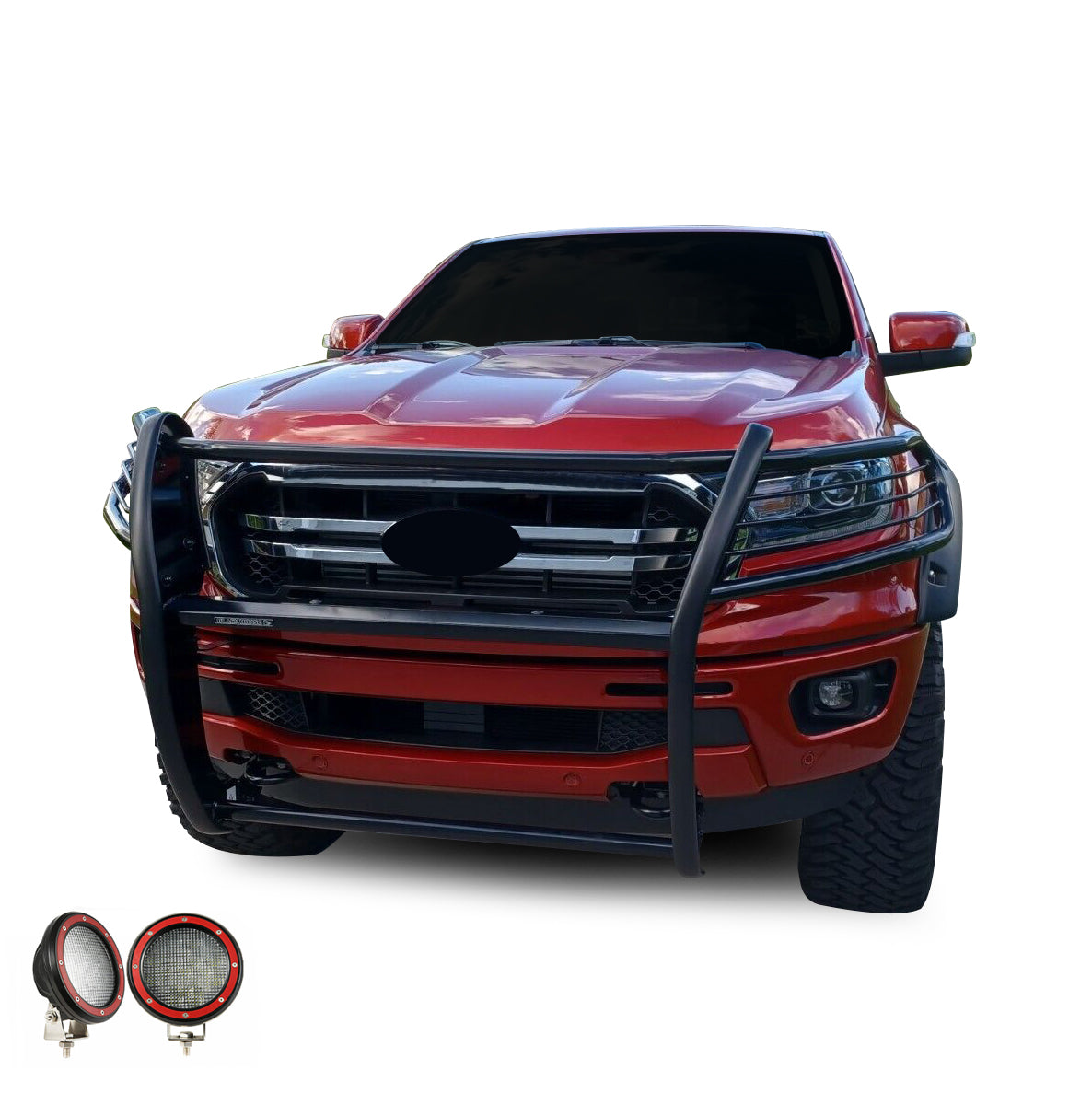 2019-2023 Ford Ranger Grille Guard Kit Modular Pair of 5.3" Dia. LED Flood Lights w/ Red Trim Rings Wiring Harness and Switch | Black Horse Off Road - Image 7