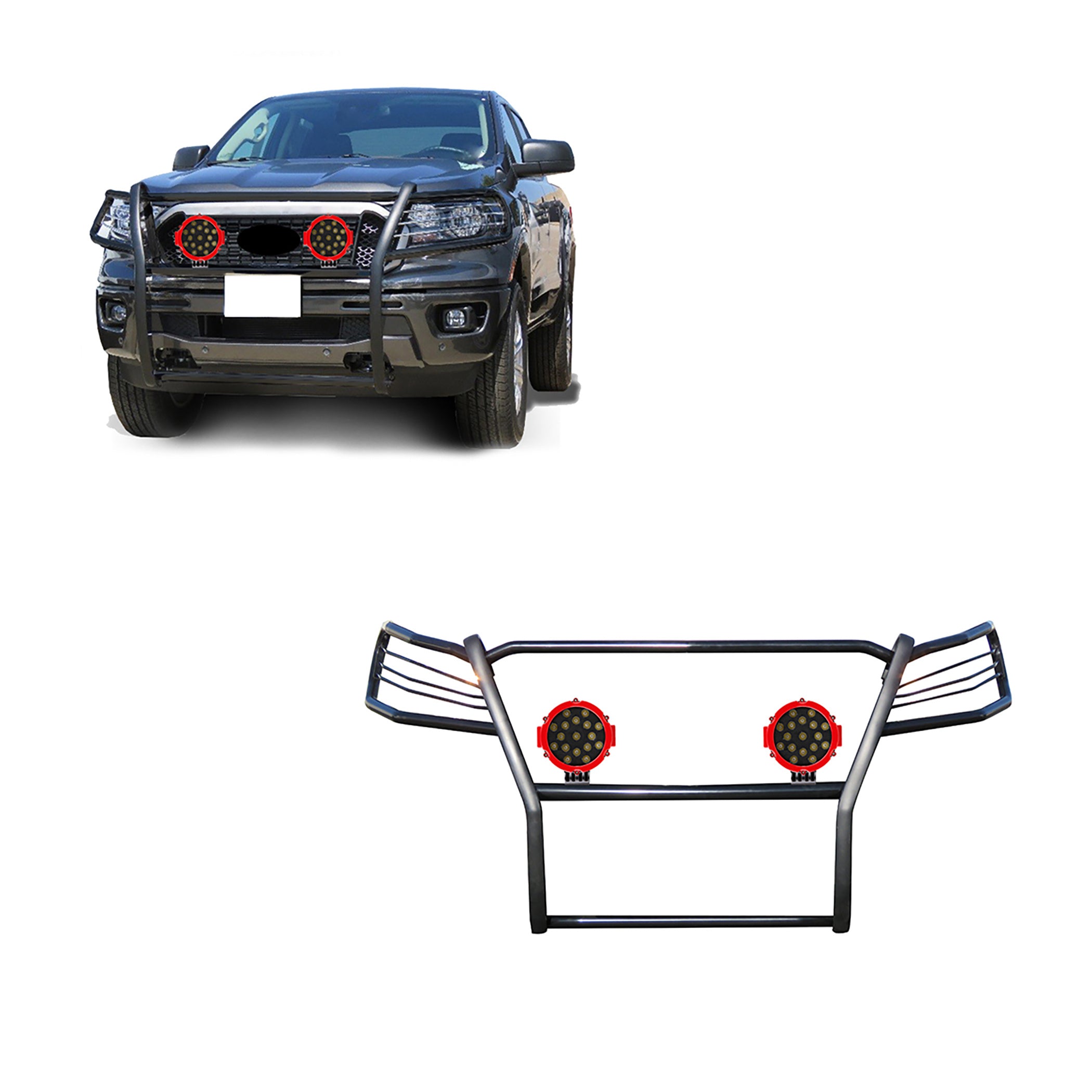 2019-2023 Ford Ranger Grille Guard Kit Modular Incl. pair of 7.0"Dia. LED Lights w/Red Trim Rings w/ Wiring Harness and Switch | Black Horse Off Road - Image 1