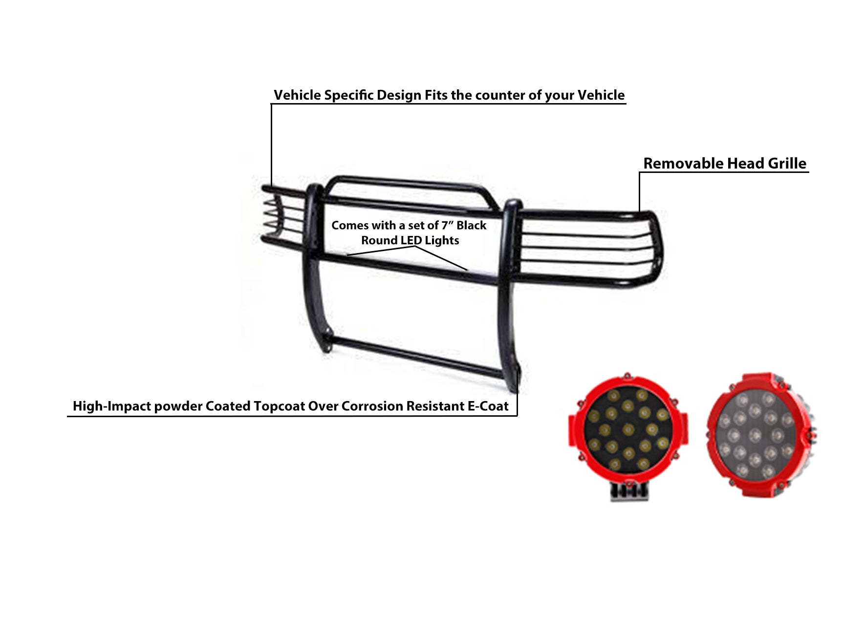 1999-2004 Ford Expedition Grille Guard Kit Modular Incl. pair of 7.0"Dia. LED Lights w/Red Trim Rings w/ Wiring Harness and Switch | Black Horse Off Road - Image 7