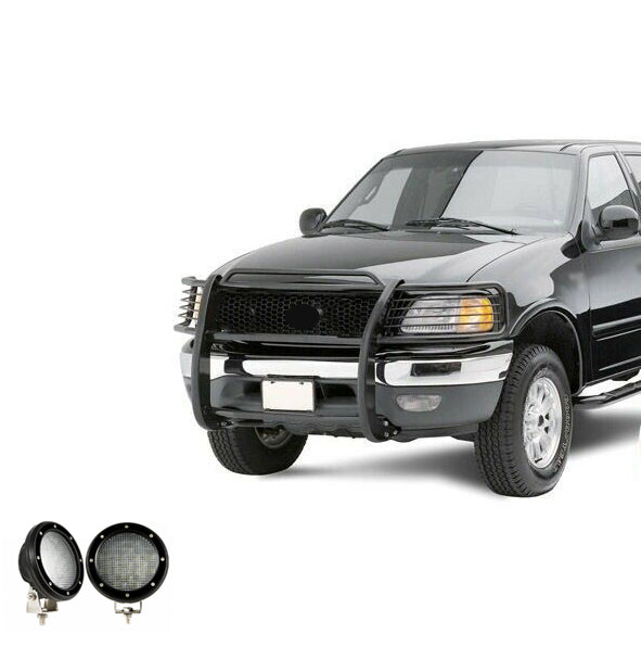 1999-2007 Ford Expedition Grille Guard Kit Modular Pair of 5.3" Dia. LED Flood Lights w/ Black Trim Rings Wiring Harness and Switch | Black Horse Off Road - Image 1