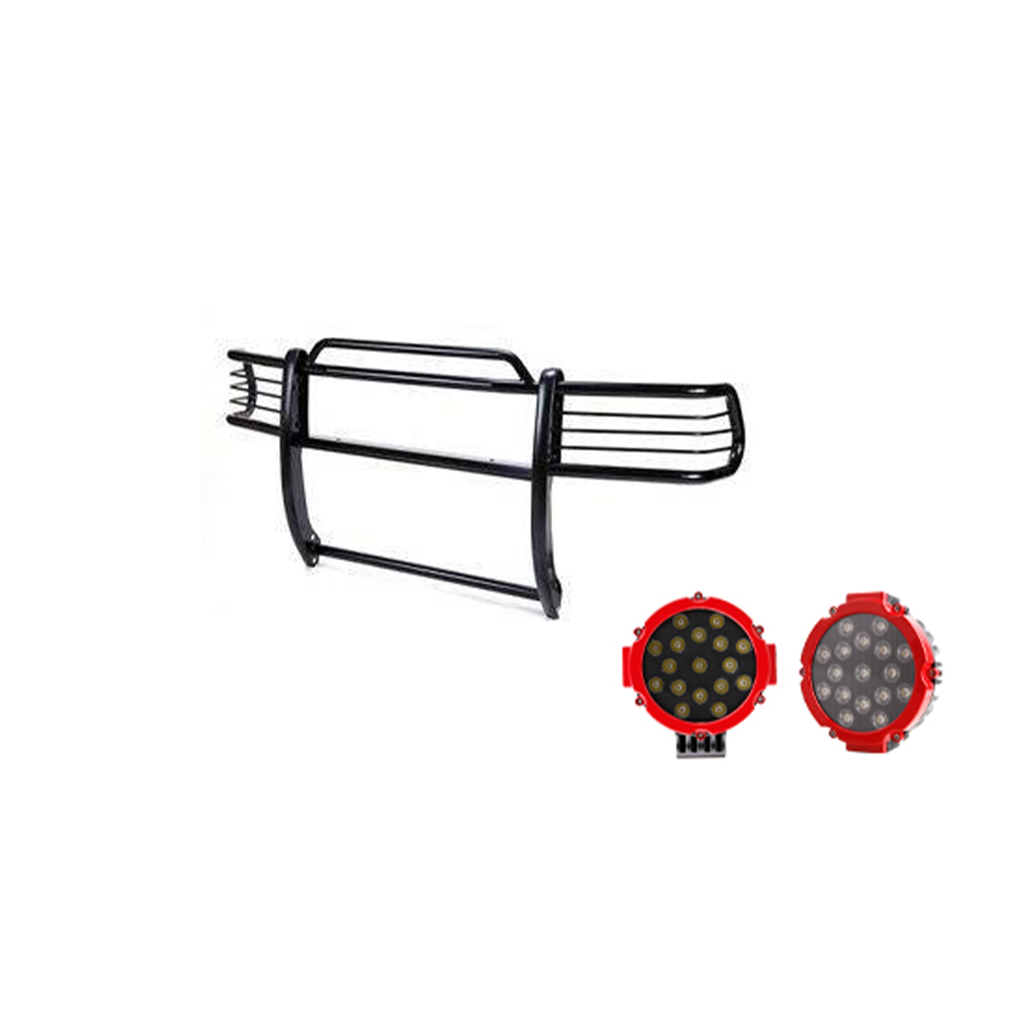 1999-2007 Ford Expedition Grille Guard Kit Modular Incl. pair of 7.0"Dia. LED Lights w/Red Trim Rings w/ Wiring Harness and Switch | Black Horse Off Road - Image 1