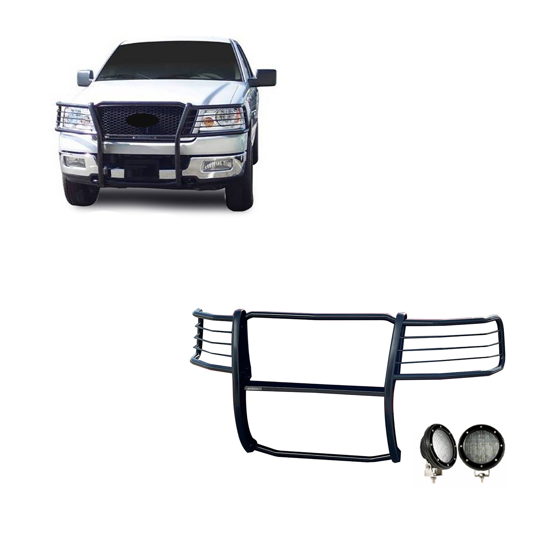 2004-2008 Ford F-150 Grille Guard Kit Modular Pair of 5.3" Dia. LED Flood Lights w/ Black Trim Rings Wiring Harness and Switch | Black Horse Off Road - Image 1