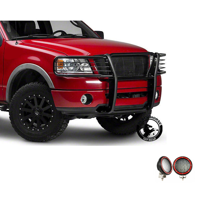 2004-2008 Ford F-150 Grille Guard Kit Modular Pair of 5.3" Dia. LED Flood Lights w/ Red Trim Rings Wiring Harness and Switch | Black Horse Off Road - Image 7