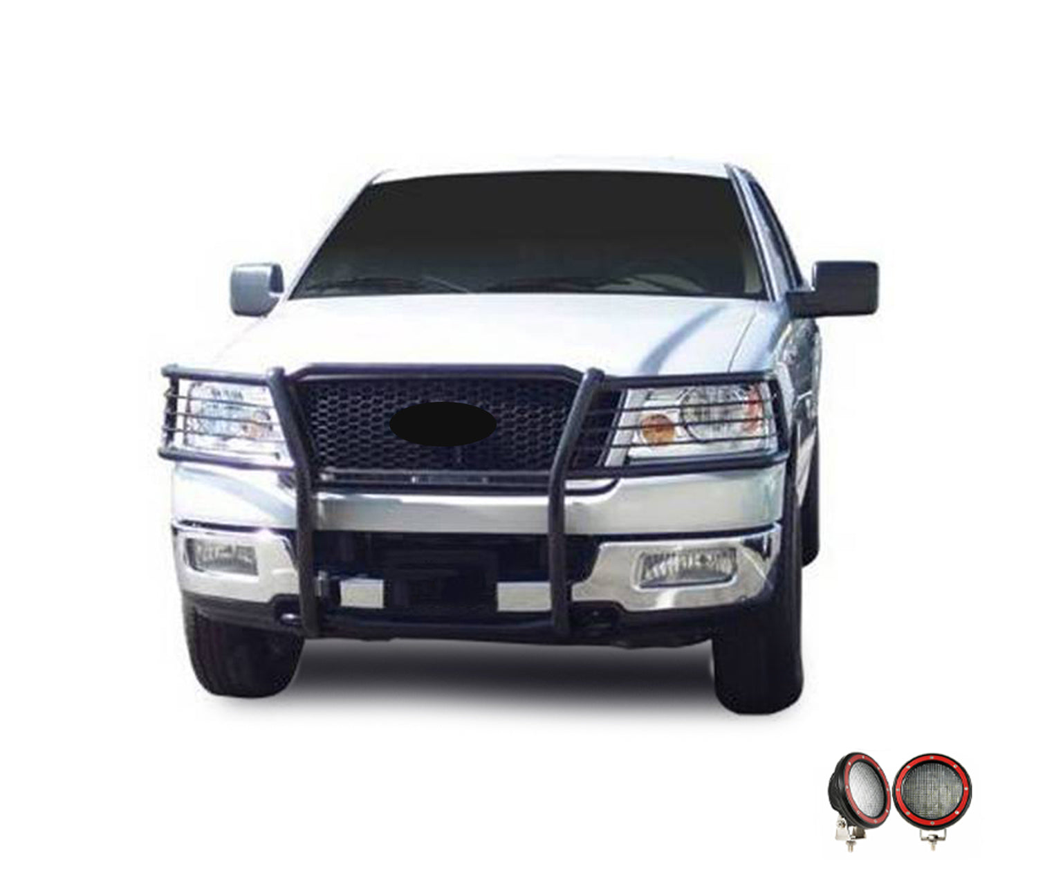 2004-2008 Ford F-150 Grille Guard Kit Modular Pair of 5.3" Dia. LED Flood Lights w/ Red Trim Rings Wiring Harness and Switch | Black Horse Off Road - Image 8