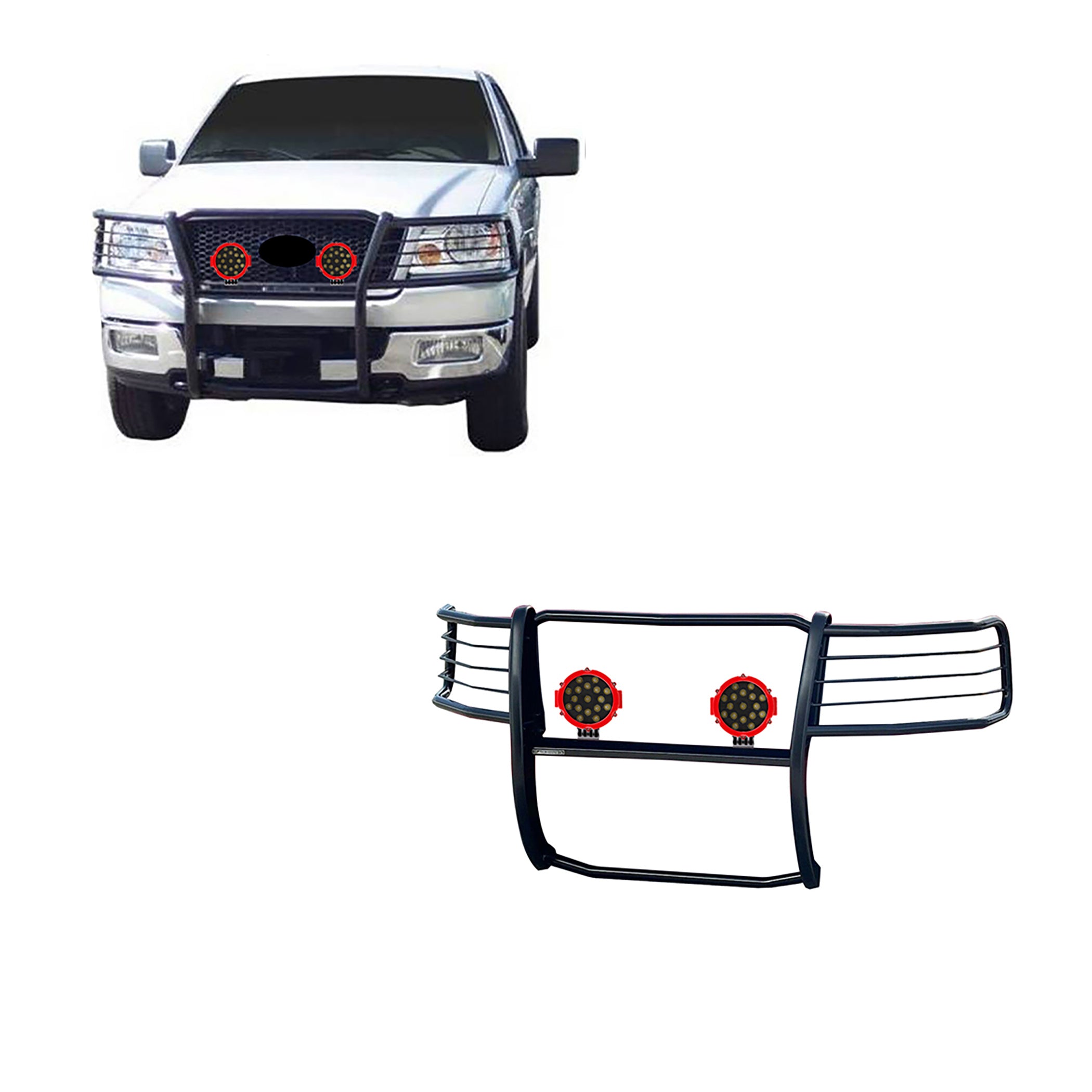 2004-2008 Ford F-150 Grille Guard Kit Modular Incl. pair of 7.0"Dia. LED Lights w/Red Trim Rings w/ Wiring Harness and Switch | Black Horse Off Road - Image 1