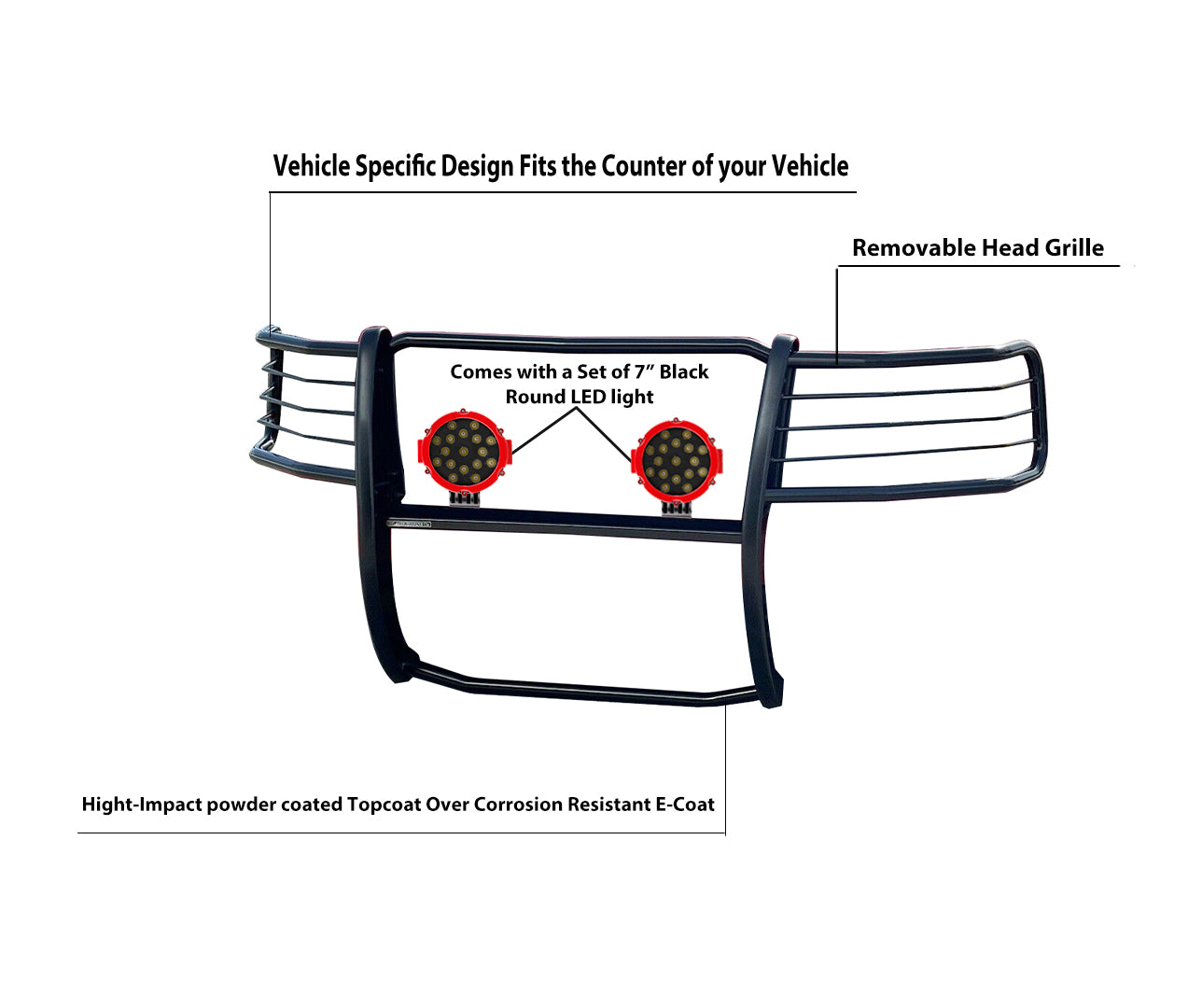 2004-2008 Ford F-150 Grille Guard Kit Modular Incl. pair of 7.0"Dia. LED Lights w/Red Trim Rings w/ Wiring Harness and Switch | Black Horse Off Road - Image 6