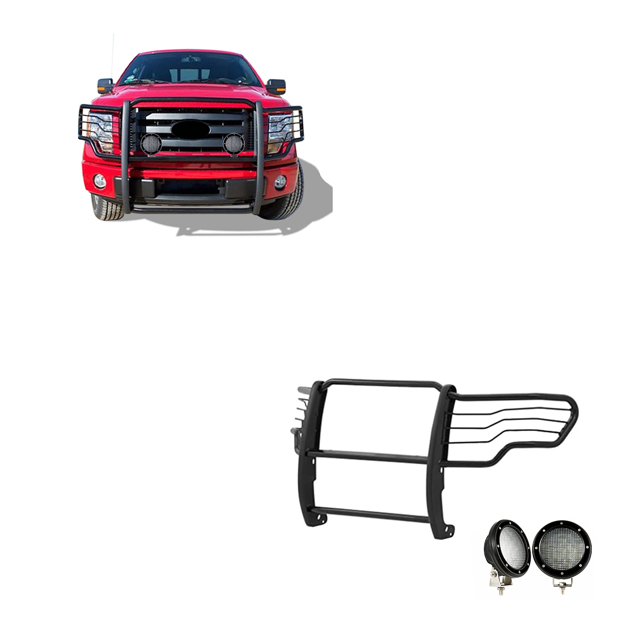 2009-2014 Ford F-150 Grille Guard Kit Modular Pair of 5.3" Dia. LED Flood Lights w/ Black Trim Rings Wiring Harness and Switch | Black Horse Off Road - Image 1