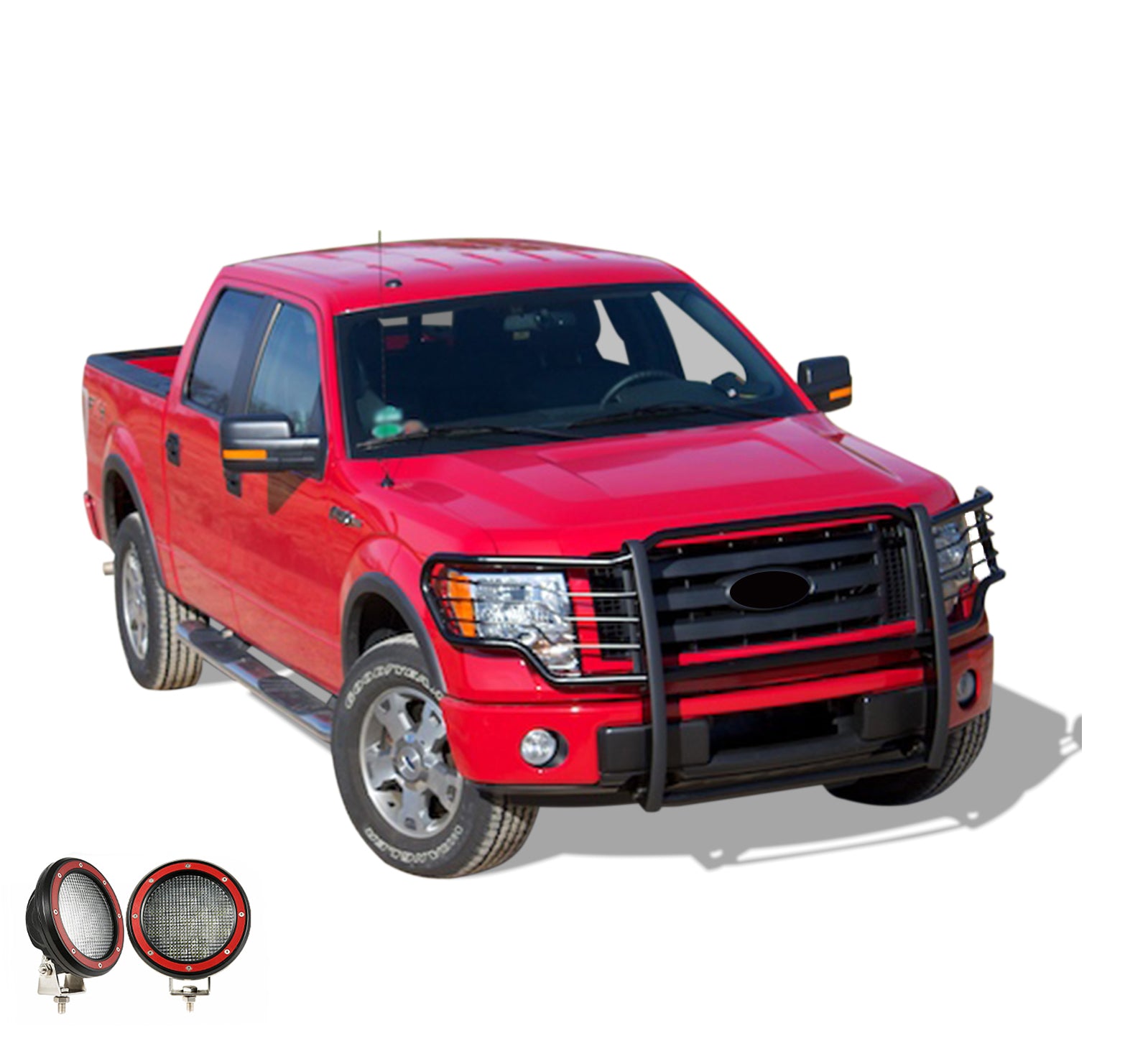 2009-2014 Ford F-150 Grille Guard Kit Modular Pair of 5.3" Dia. LED Flood Lights w/ Red Trim Rings Wiring Harness and Switch | Black Horse Off Road - Image 7