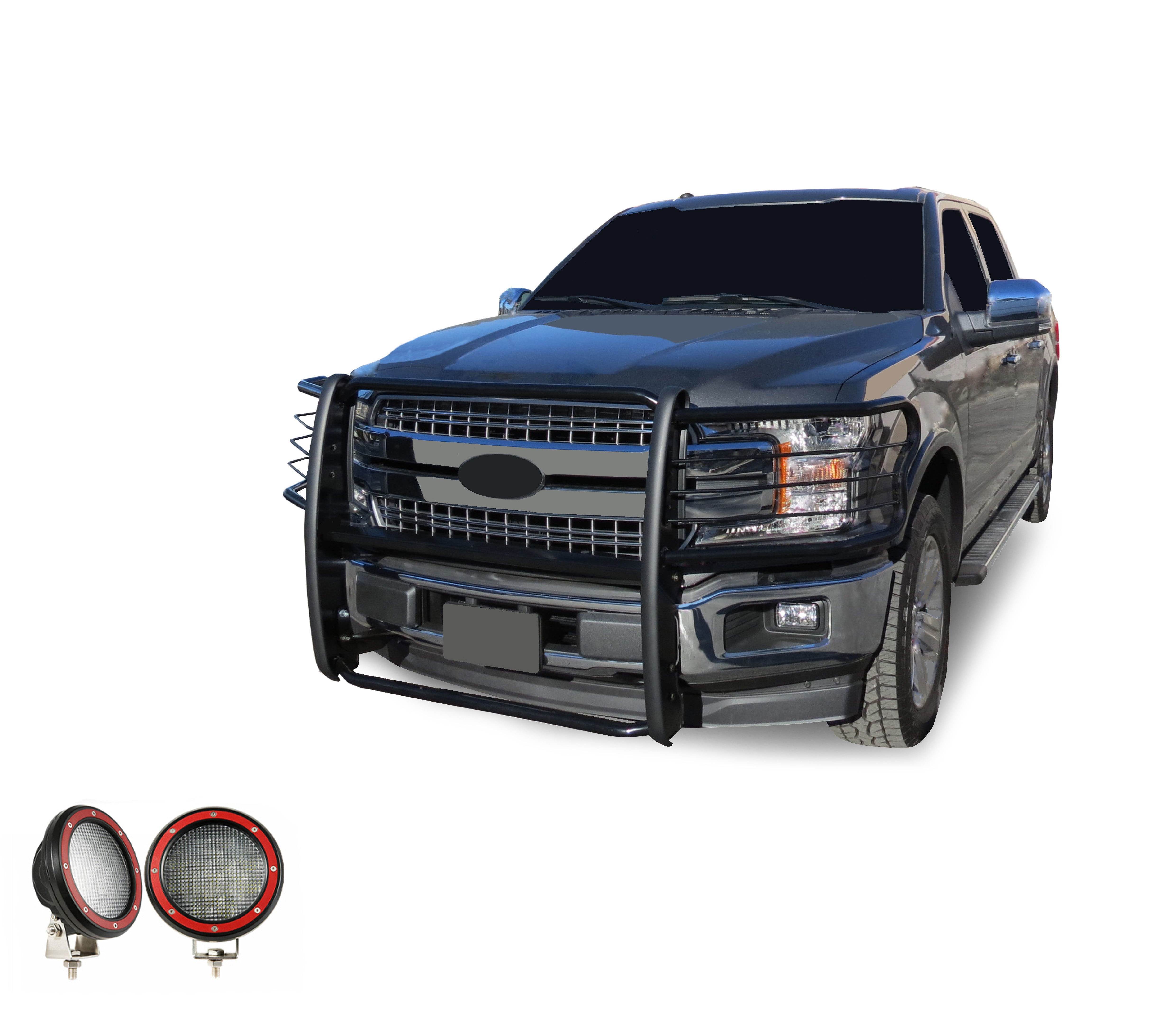 2015-2025 Ford F-150 Grille Guard Kit Modular Pair of 5.3" Dia. LED Flood Lights w/ Red Trim Rings Wiring Harness and Switch | Black Horse Off Road - Image 8