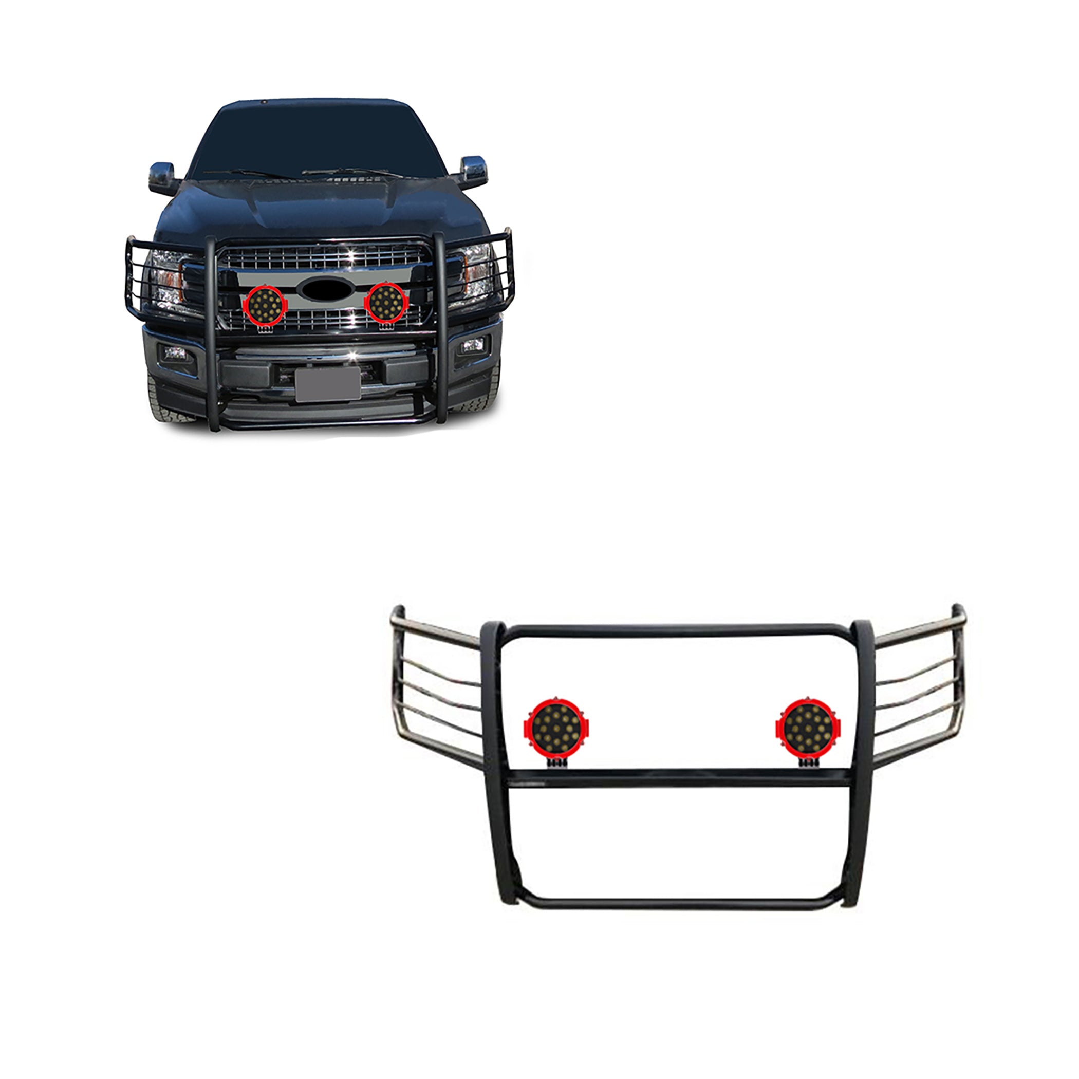 2015-2025 Ford F-150 Grille Guard Kit Modular Incl. pair of 7.0"Dia. LED Lights w/Red Trim Rings w/ Wiring Harness and Switch | Black Horse Off Road - Image 1
