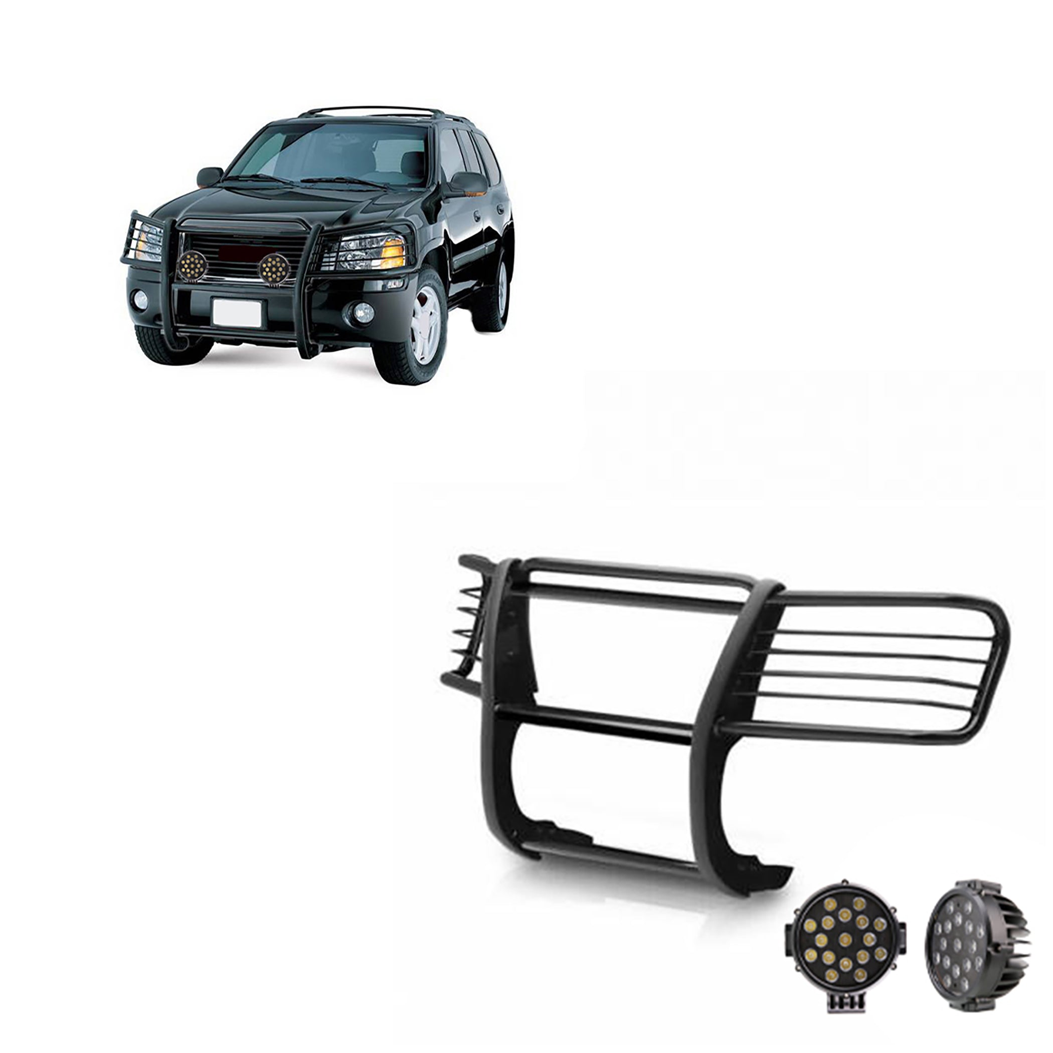 2002-2006 Gmc Envoy Grille Guard Kit Modular Incl. pair of 7.0"Dia. LED Lights w/ Black Trim Rings w/ Wiring Harness and Switch | Black Horse Off Road - Image 1