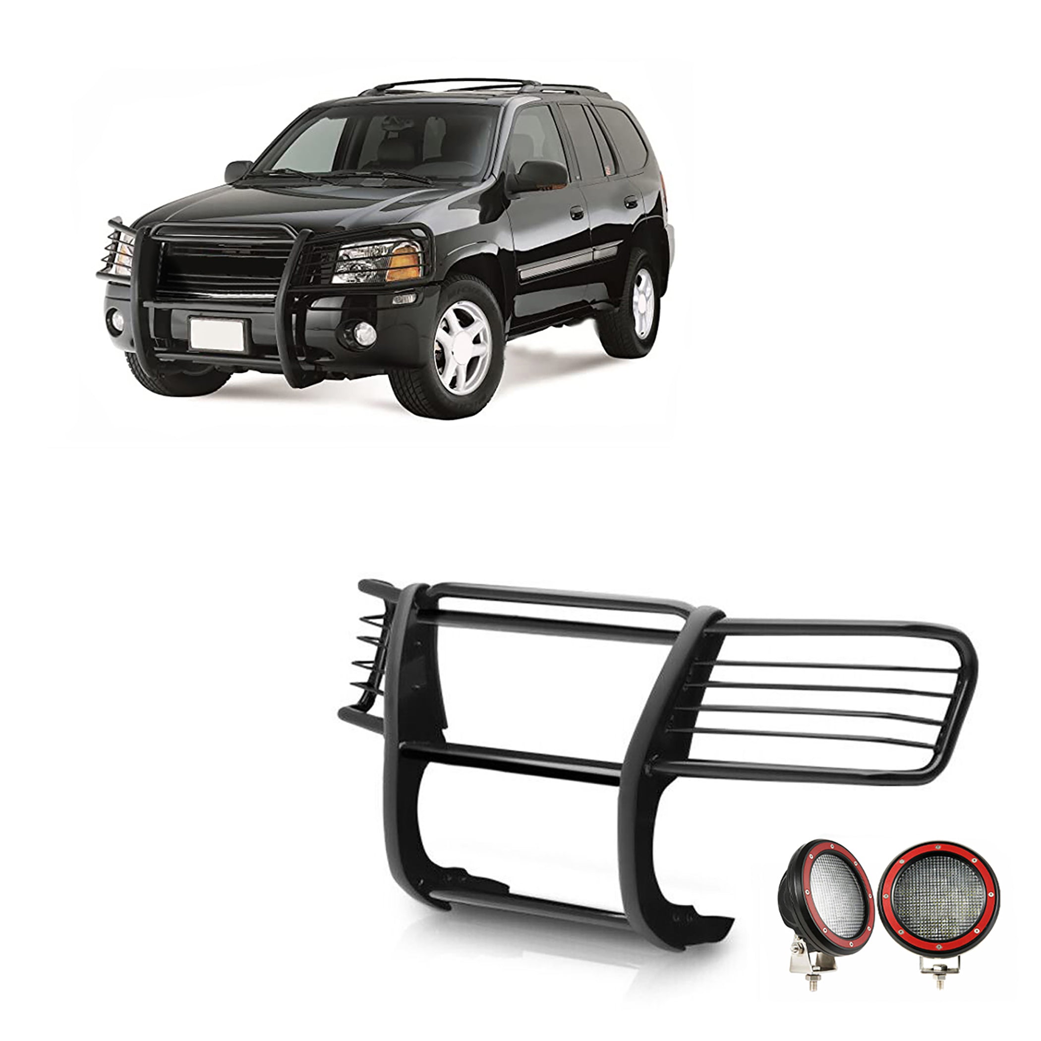 2002-2006 Gmc Envoy Grille Guard Kit Modular Pair of 5.3" Dia. LED Flood Lights w/ Red Trim Rings Wiring Harness and Switch | Black Horse Off Road - Image 1