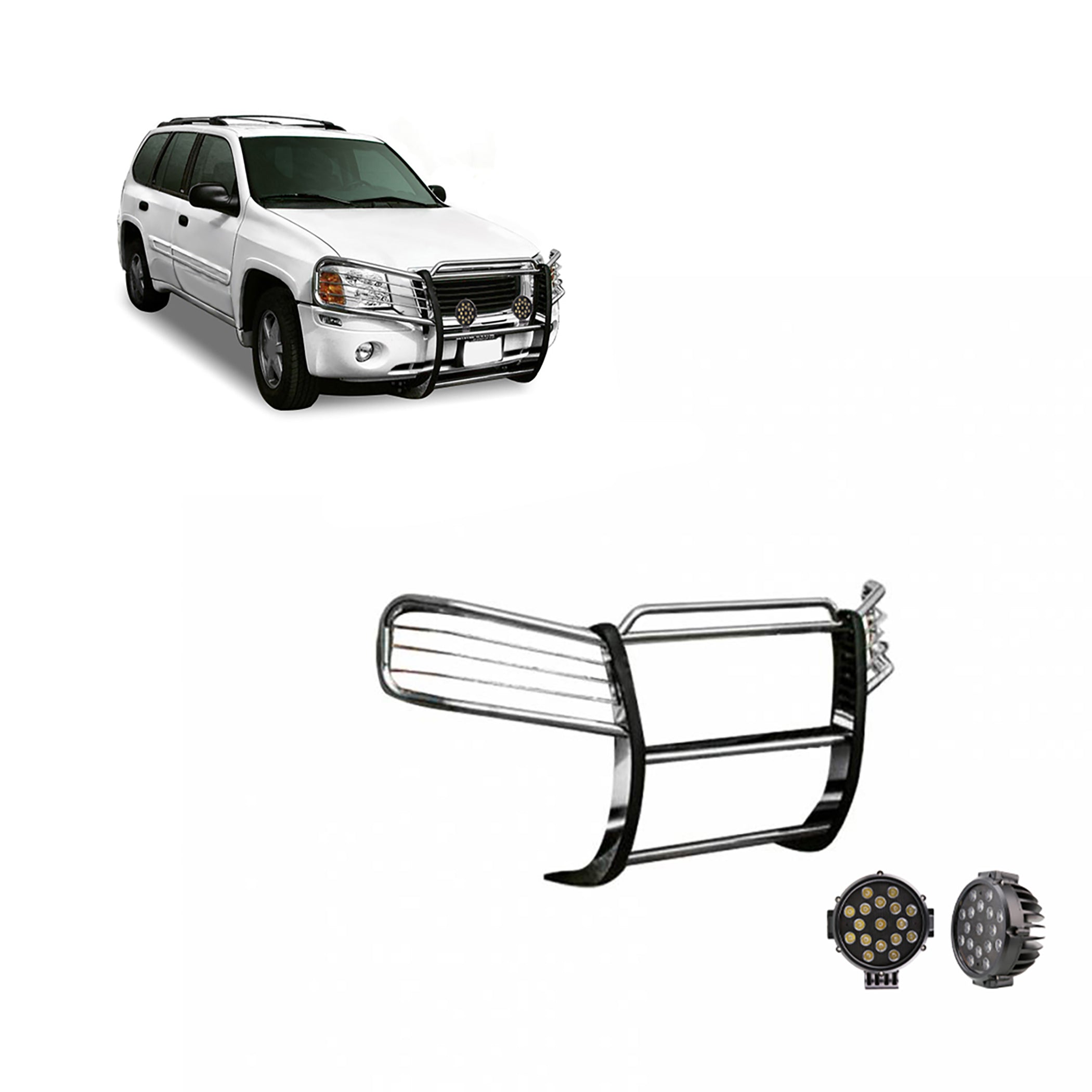 2002-2009 Gmc Envoy Grille Guard Kit Modular Incl. pair of 7.0"Dia. LED Lights w/ Black Trim Rings w/ Wiring Harness and Switch | Black Horse Off Road - Image 1
