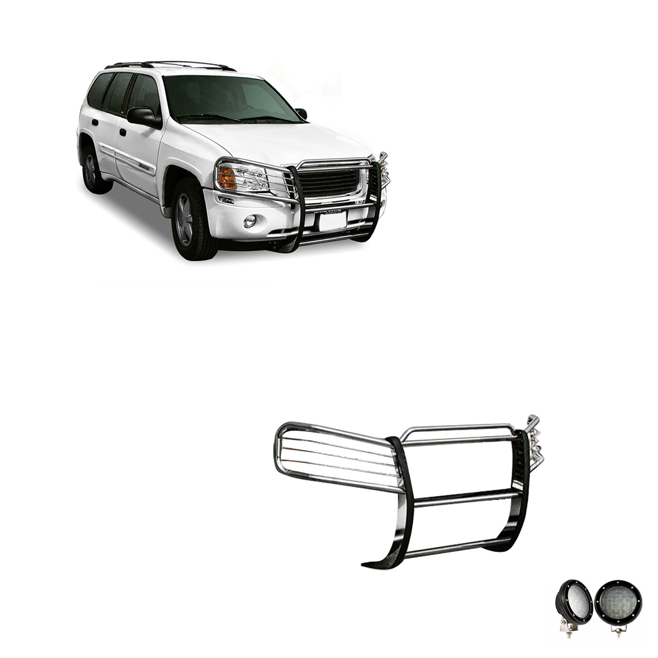 2002-2009 Gmc Envoy Grille Guard Kit Modular Pair of 5.3" Dia. LED Flood Lights w/ Black Trim Rings Wiring Harness and Switch | Black Horse Off Road - Image 1