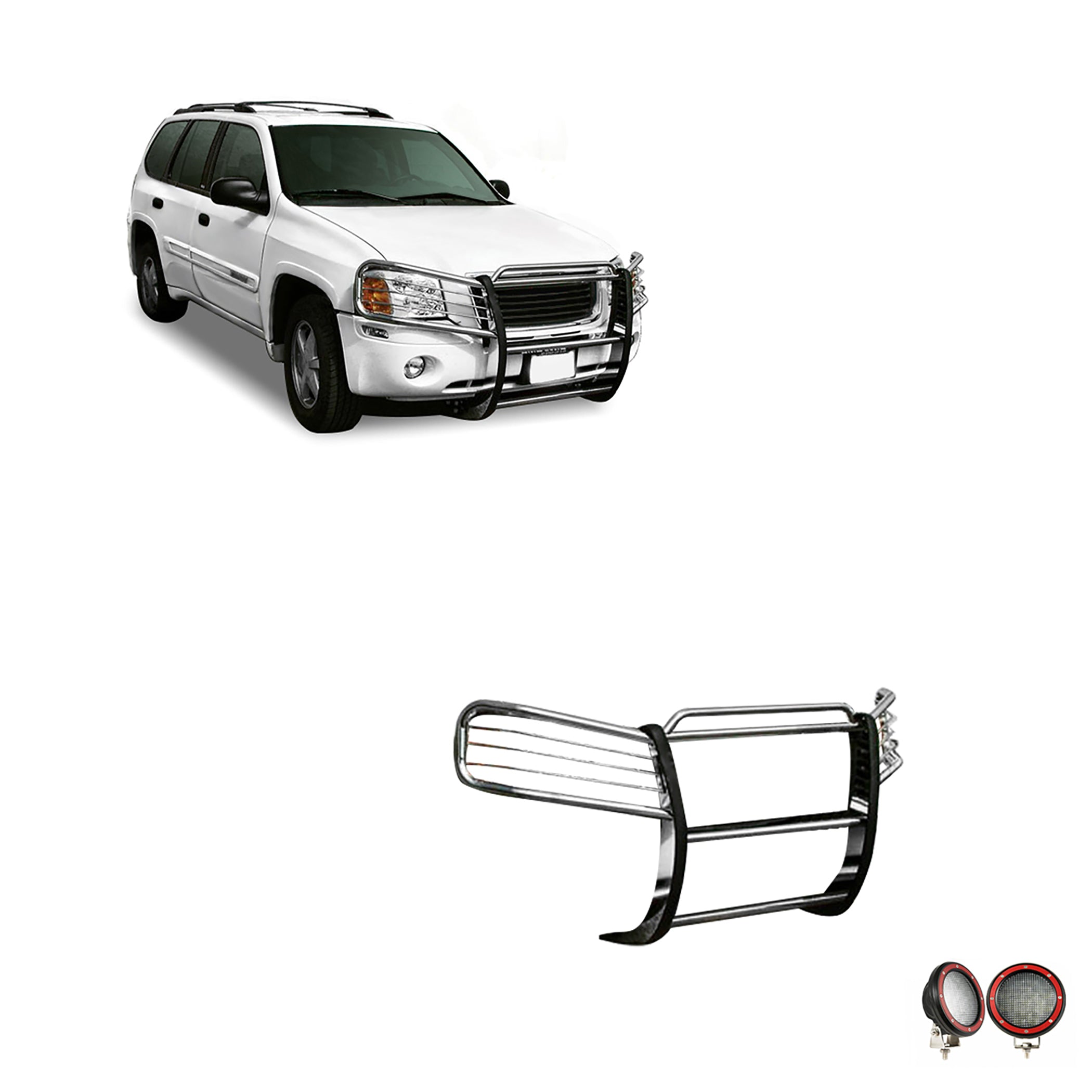 2002-2009 Gmc Envoy Grille Guard Kit Modular Pair of 5.3" Dia. LED Flood Lights w/ Red Trim Rings Wiring Harness and Switch | Black Horse Off Road - Image 1