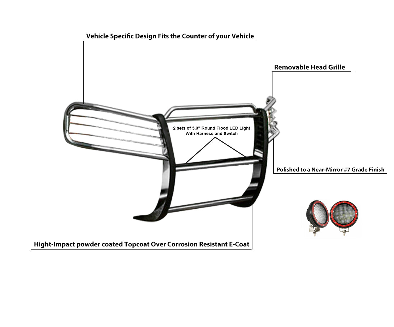 2002-2009 Gmc Envoy Grille Guard Kit Modular Pair of 5.3" Dia. LED Flood Lights w/ Red Trim Rings Wiring Harness and Switch | Black Horse Off Road - Image 3