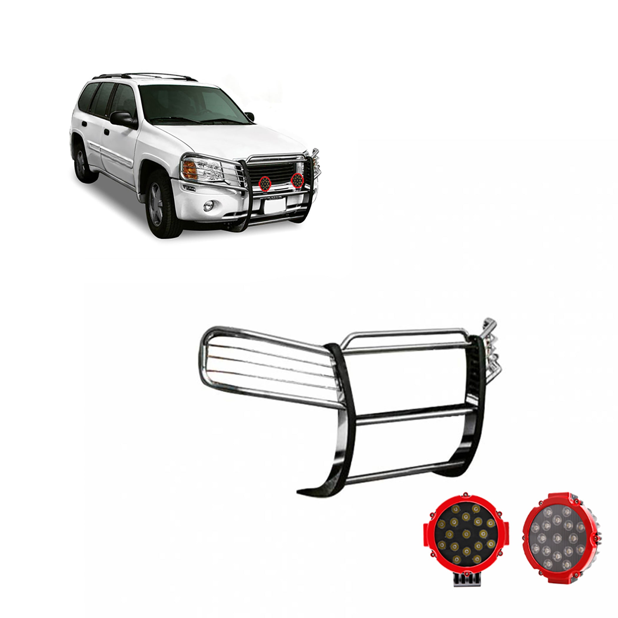 2002-2009 Gmc Envoy Grille Guard Kit Modular Incl. pair of 7.0"Dia. LED Lights w/Red Trim Rings w/ Wiring Harness and Switch | Black Horse Off Road - Image 1