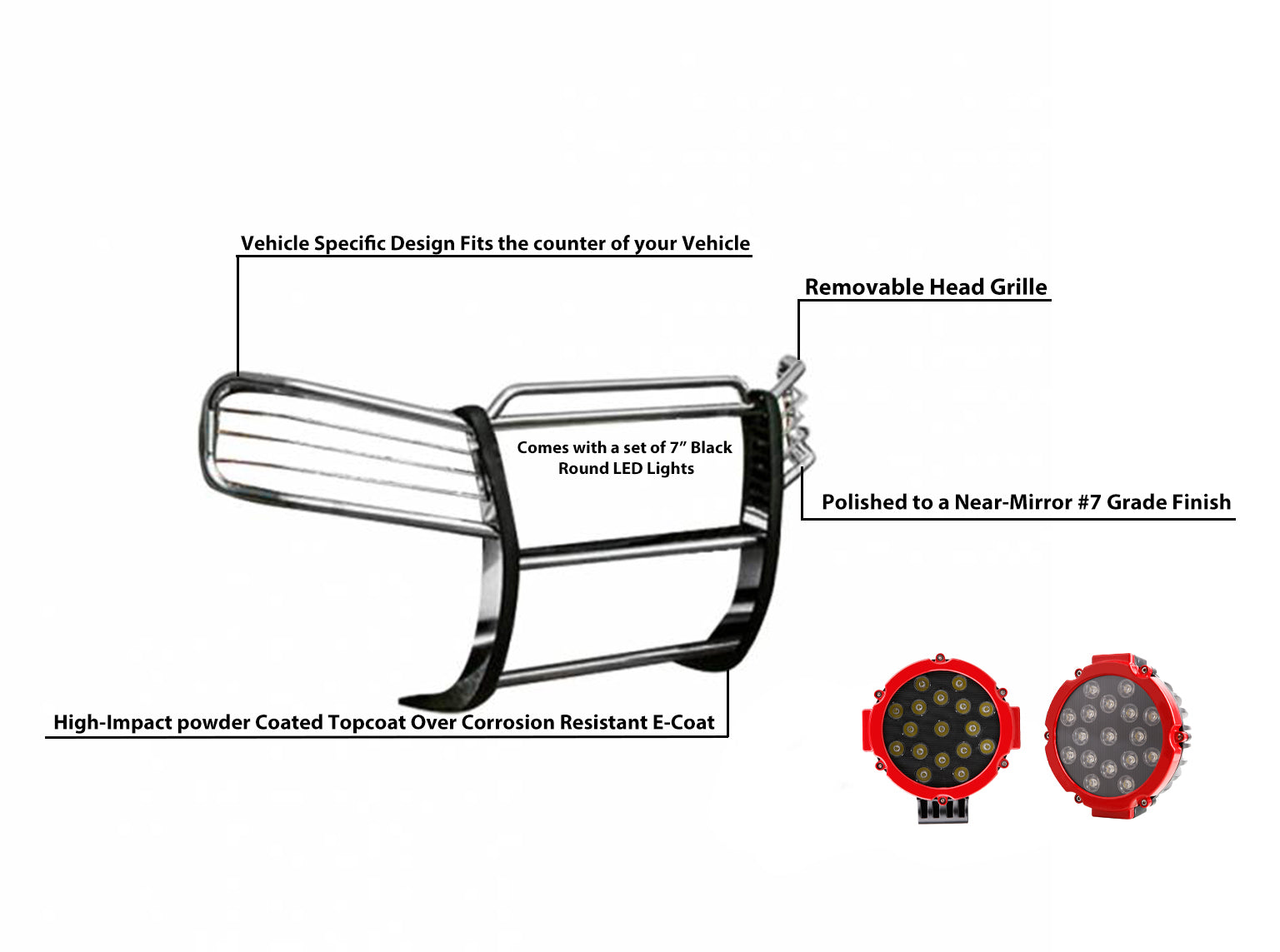 2002-2009 Gmc Envoy Grille Guard Kit Modular Incl. pair of 7.0"Dia. LED Lights w/Red Trim Rings w/ Wiring Harness and Switch | Black Horse Off Road - Image 6