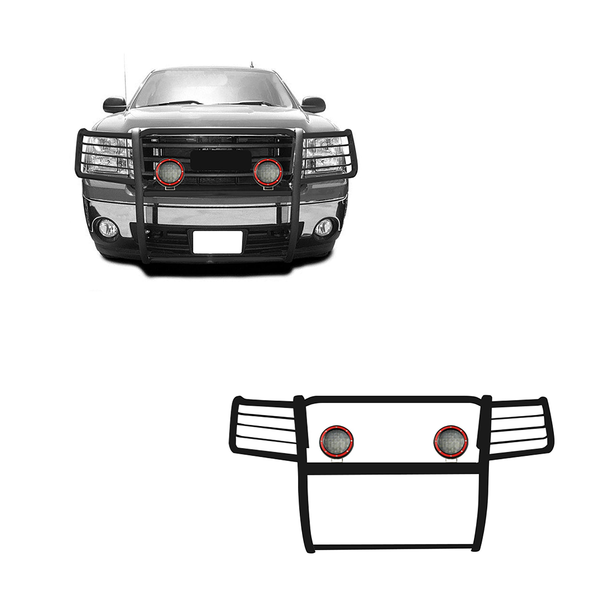 2007-2013 Gmc Sierra 1500 Grille Guard Kit Modular Pair of 5.3" Dia. LED Flood Lights w/ Red Trim Rings Wiring Harness and Switch | Black Horse Off Road - Image 1