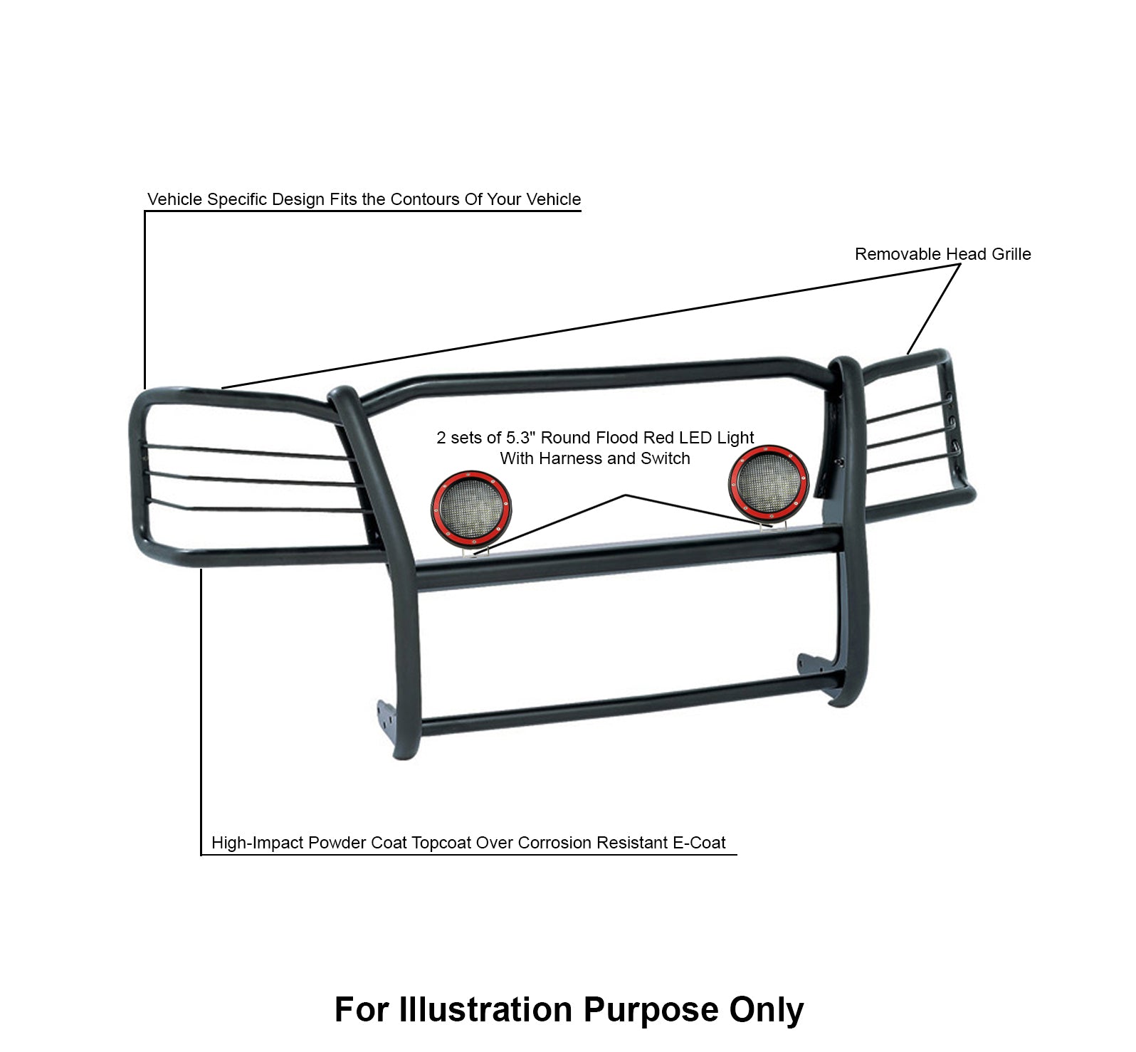 2007-2013 Gmc Sierra 1500 Grille Guard Kit Modular Pair of 5.3" Dia. LED Flood Lights w/ Red Trim Rings Wiring Harness and Switch | Black Horse Off Road - Image 3