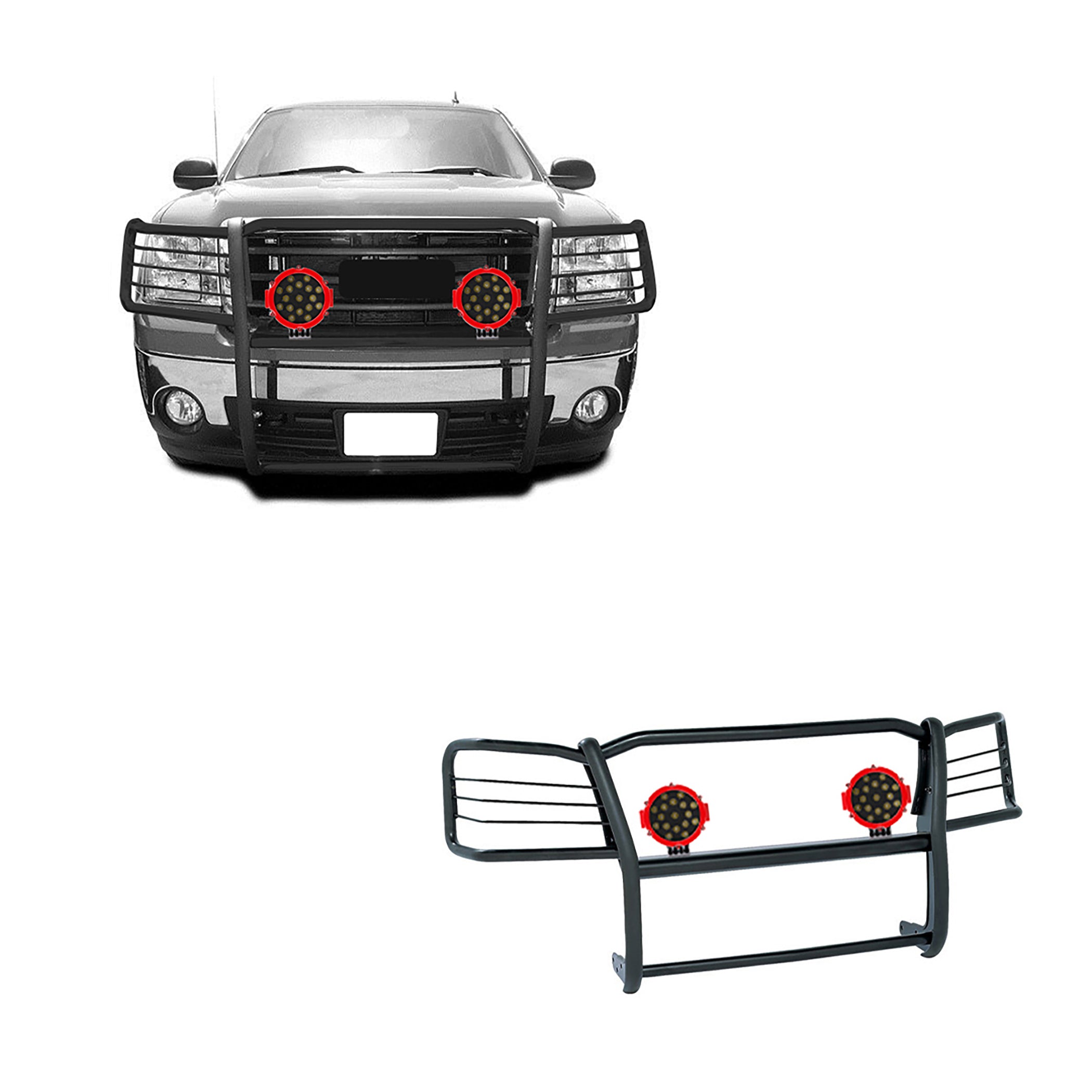 2007-2013 Gmc Sierra 1500 Grille Guard Kit Modular Incl. pair of 7.0"Dia. LED Lights w/Red Trim Rings w/ Wiring Harness and Switch | Black Horse Off Road - Image 1