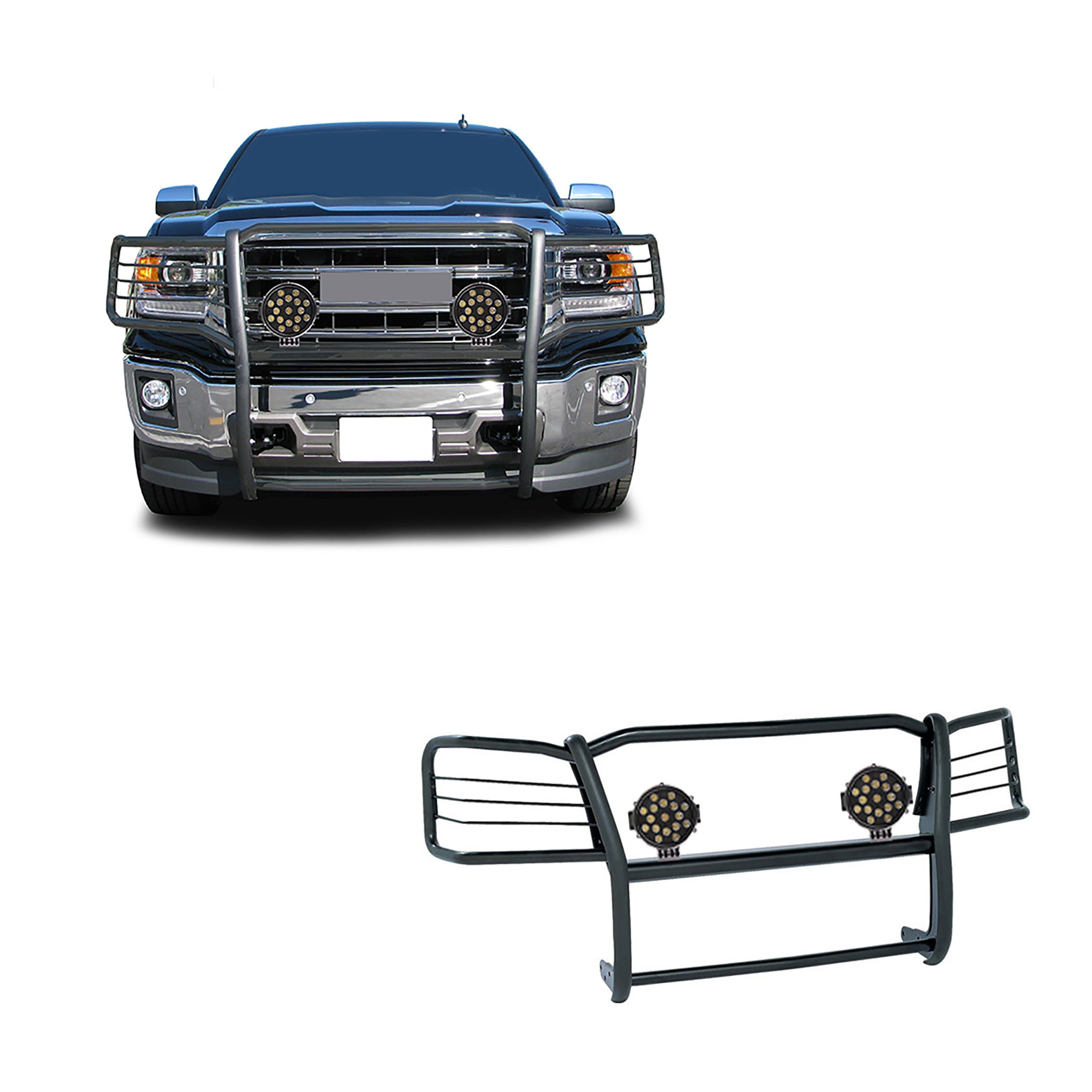 2014-2022 Gmc Sierra 1500 Grille Guard Kit Modular Incl. pair of 7.0"Dia. LED Lights w/ Black Trim Rings w/ Wiring Harness and Switch | Black Horse Off Road - Image 1