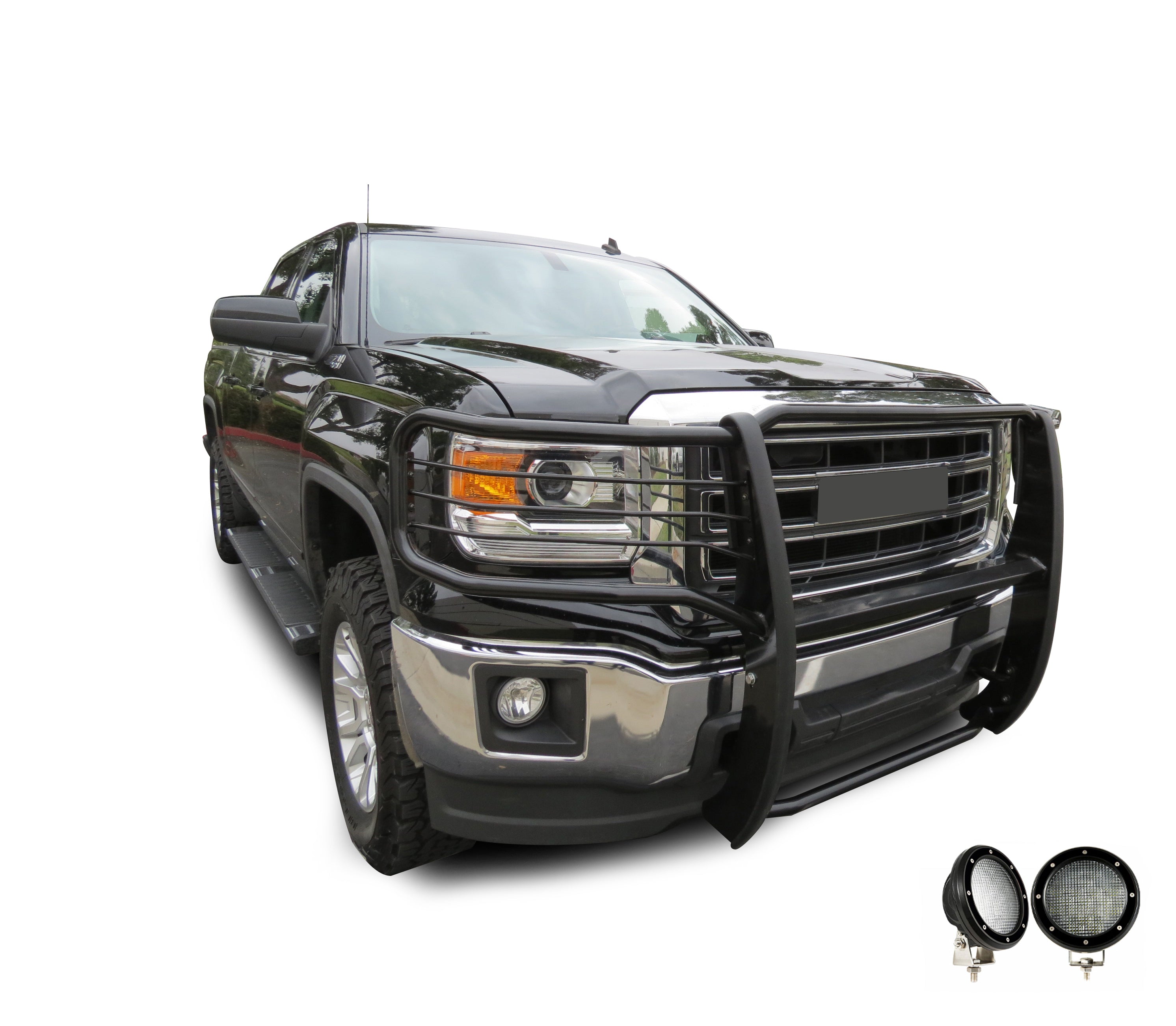 2014-2022 Gmc Sierra 1500 Grille Guard Kit Modular Pair of 5.3" Dia. LED Flood Lights w/ Black Trim Rings Wiring Harness and Switch | Black Horse Off Road - Image 6
