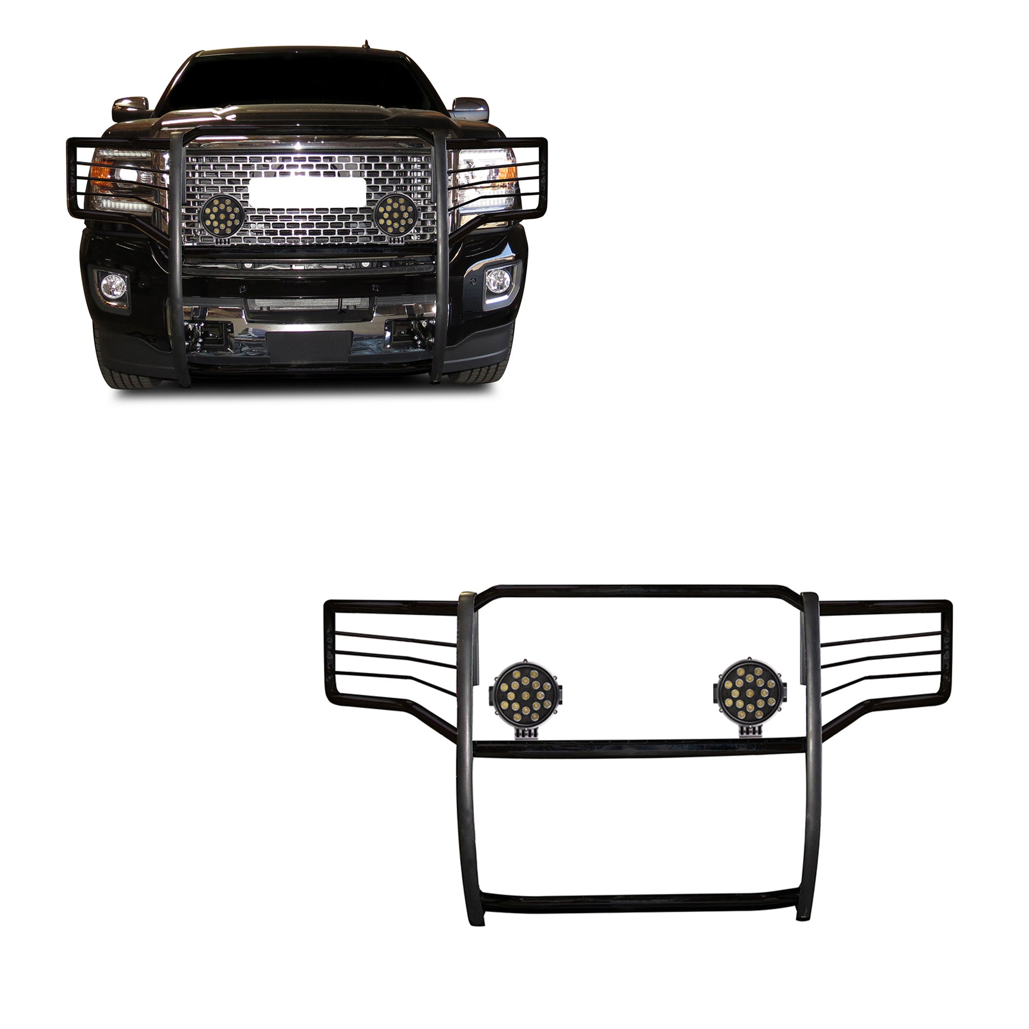 2015-2019 Gmc Sierra 2500 Hd Grille Guard Kit Modular Incl. pair of 7.0"Dia. LED Lights w/ Black Trim Rings w/ Wiring Harness and Switch | Black Horse Off Road - Image 1