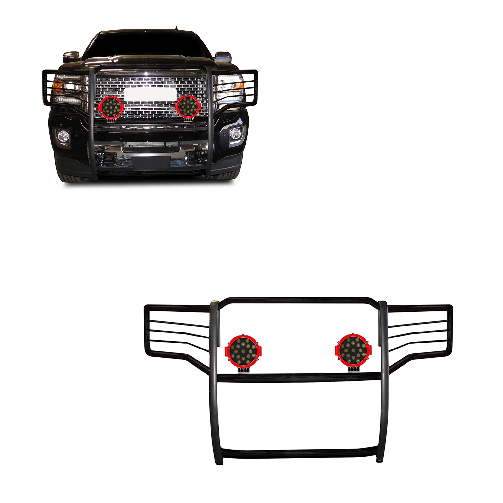2015-2019 Gmc Sierra 2500 Hd Grille Guard Kit Modular Incl. pair of 7.0"Dia. LED Lights w/Red Trim Rings w/ Wiring Harness and Switch | Black Horse Off Road - Image 1