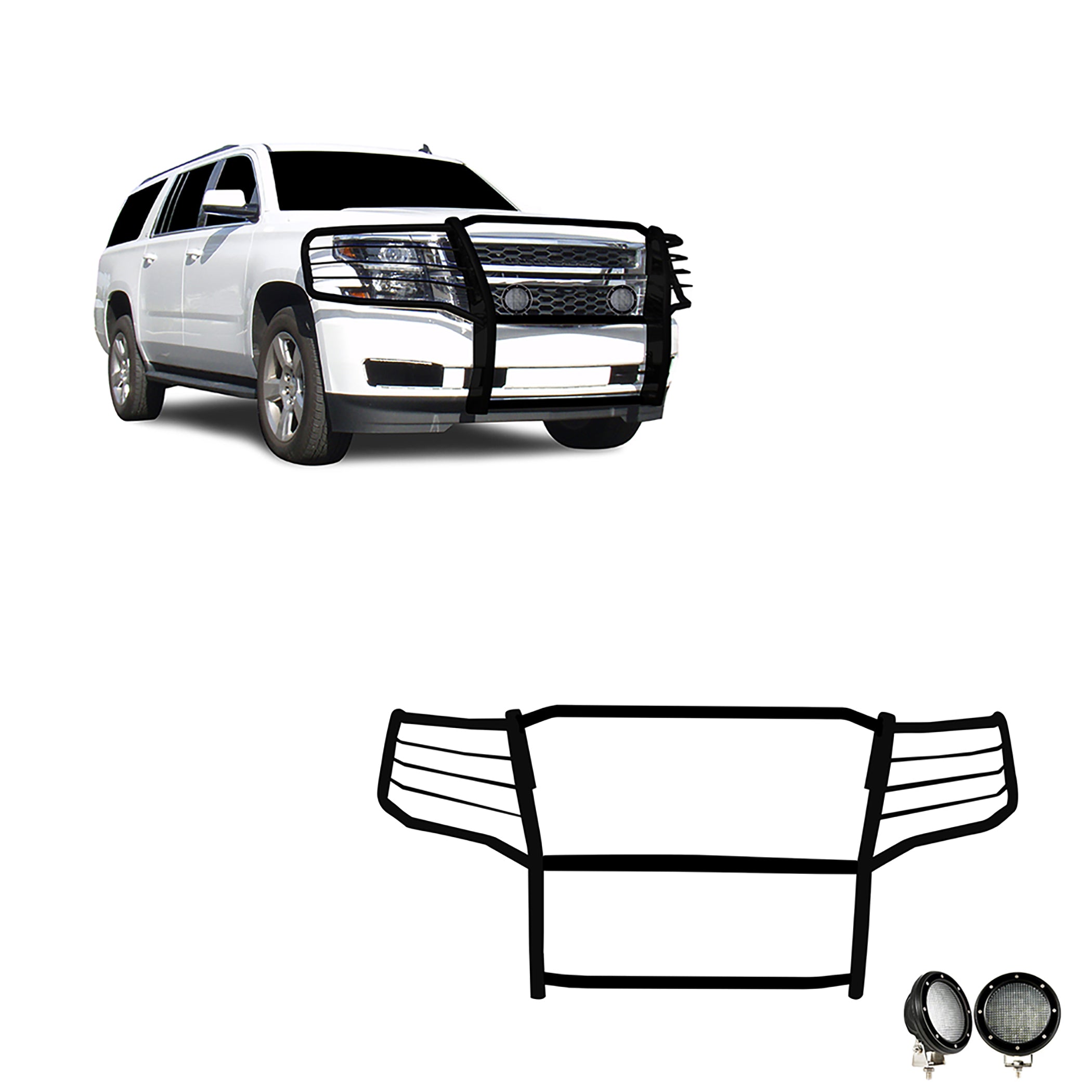 2015-2023 Chevrolet Suburban Grille Guard Kit Modular Pair of 5.3" Dia. LED Flood Lights w/ Black Trim Rings Wiring Harness and Switch | Black Horse Off Road - Image 1