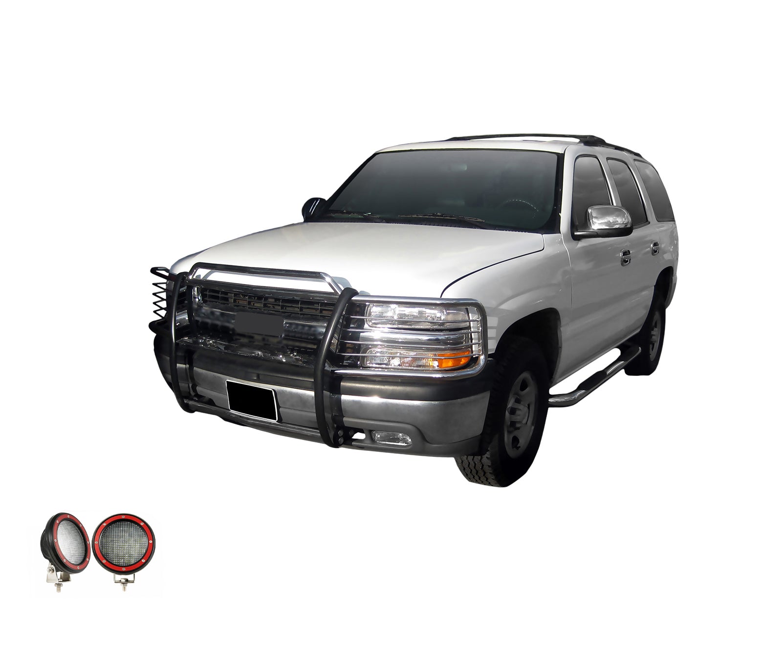 1999-2006 Silverado 1500 Grille Guard Kit Modular Pair of 5.3" Dia. LED Flood Lights w/ Red Trim Rings Wiring Harness and Switch | Black Horse Off Road - Image 1