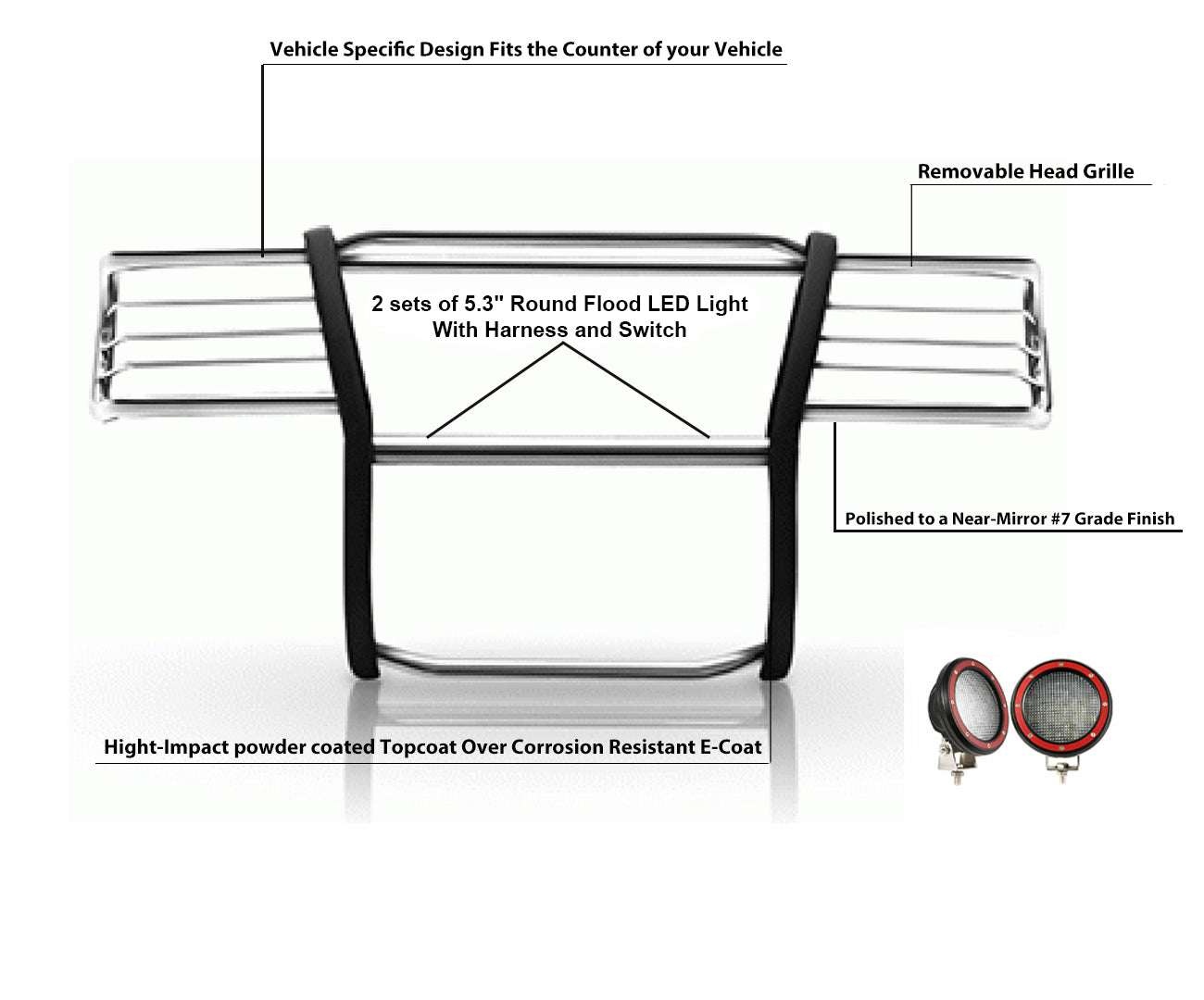 1999-2006 Silverado 1500 Grille Guard Kit Modular Pair of 5.3" Dia. LED Flood Lights w/ Red Trim Rings Wiring Harness and Switch | Black Horse Off Road - Image 2