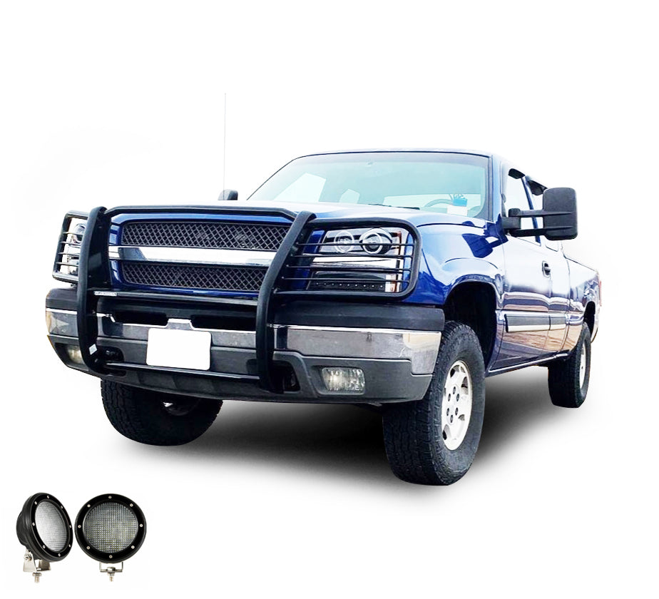 2003-2007 Chevrolet Avalanche 1500 Grille Guard Kit Modular Pair of 5.3" Dia. LED Flood Lights w/ Black Trim Rings Wiring Harness and Switch | Black Horse Off Road - Image 6