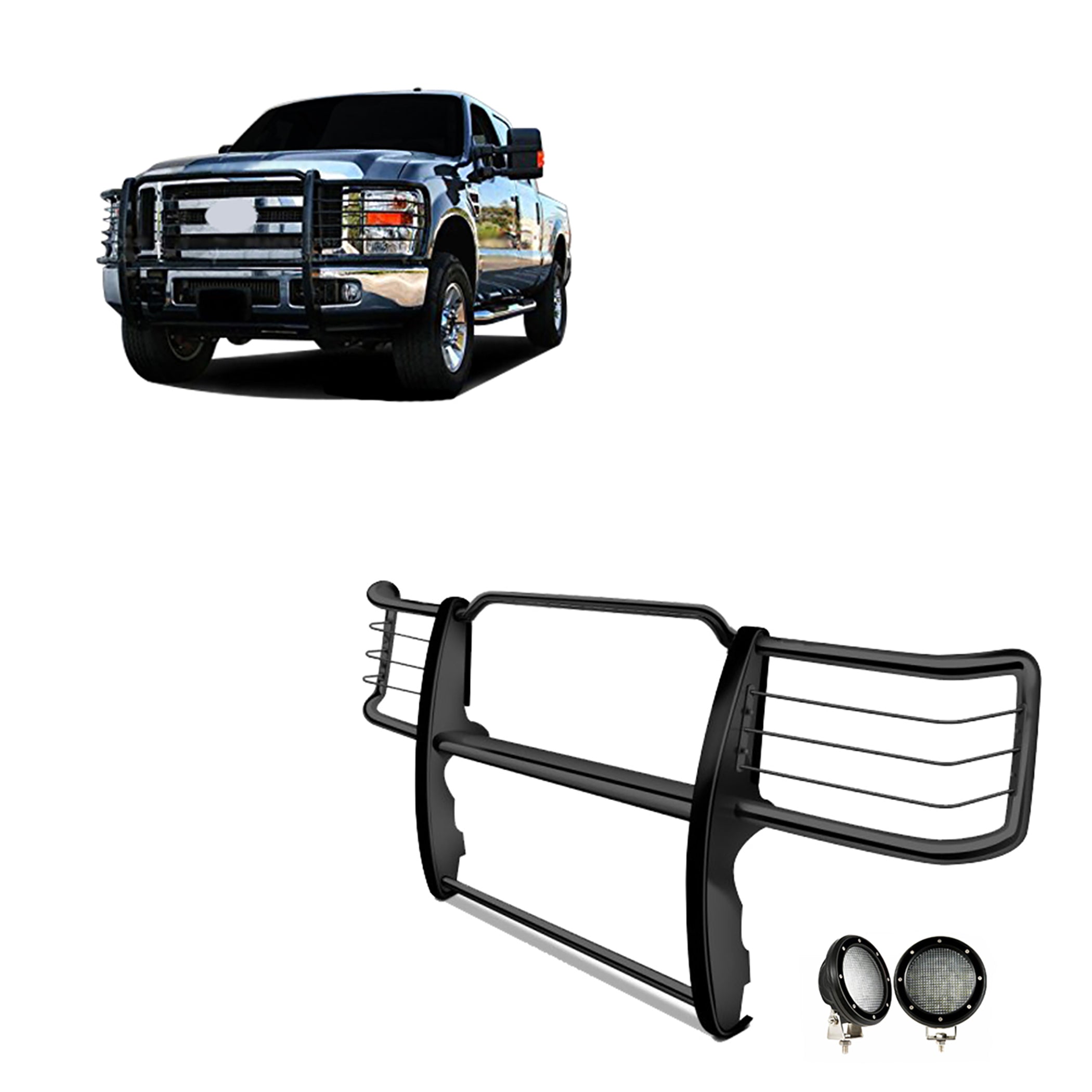 2011-2014 Chevrolet Silverado 2500 Hd Grille Guard Kit Modular Pair of 5.3" Dia. LED Flood Lights w/ Black Trim Rings Wiring Harness and Switch | Black Horse Off Road - Image 1