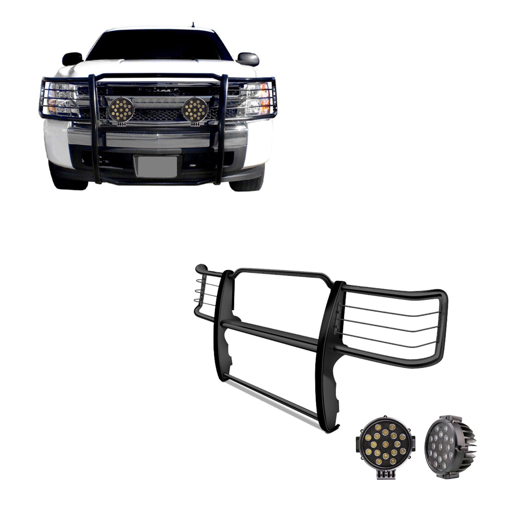 2014-2019 Chevrolet Silverado 1500 Grille Guard Kit Modular Incl. pair of 7.0"Dia. LED Lights w/ Black Trim Rings w/ Wiring Harness and Switch | Black Horse Off Road - Image 1
